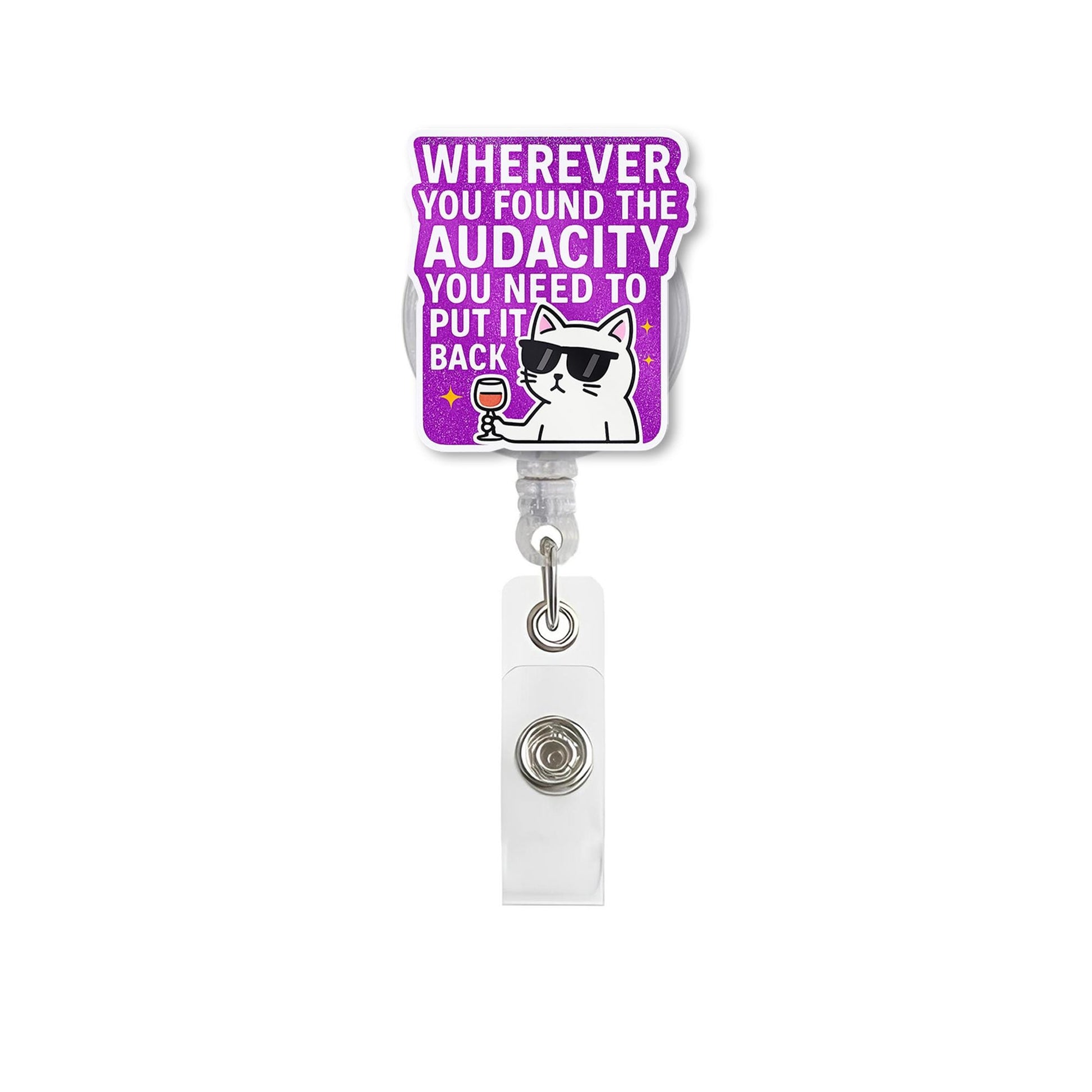 Funny Cat Badge Reel, Sassy ID Clip for Work, Retractable Name Badge Holder, Wine Lover Gift, Office Humor Accessory