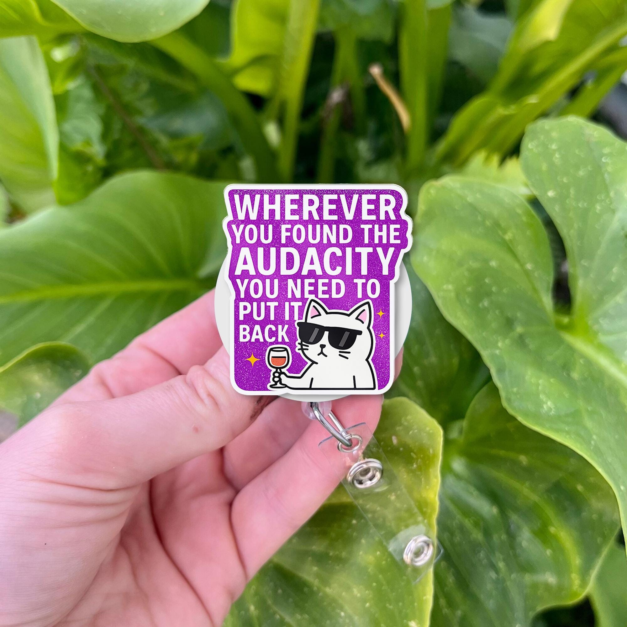 Funny Cat Badge Reel, Sassy ID Clip for Work, Retractable Name Badge Holder, Wine Lover Gift, Office Humor Accessory