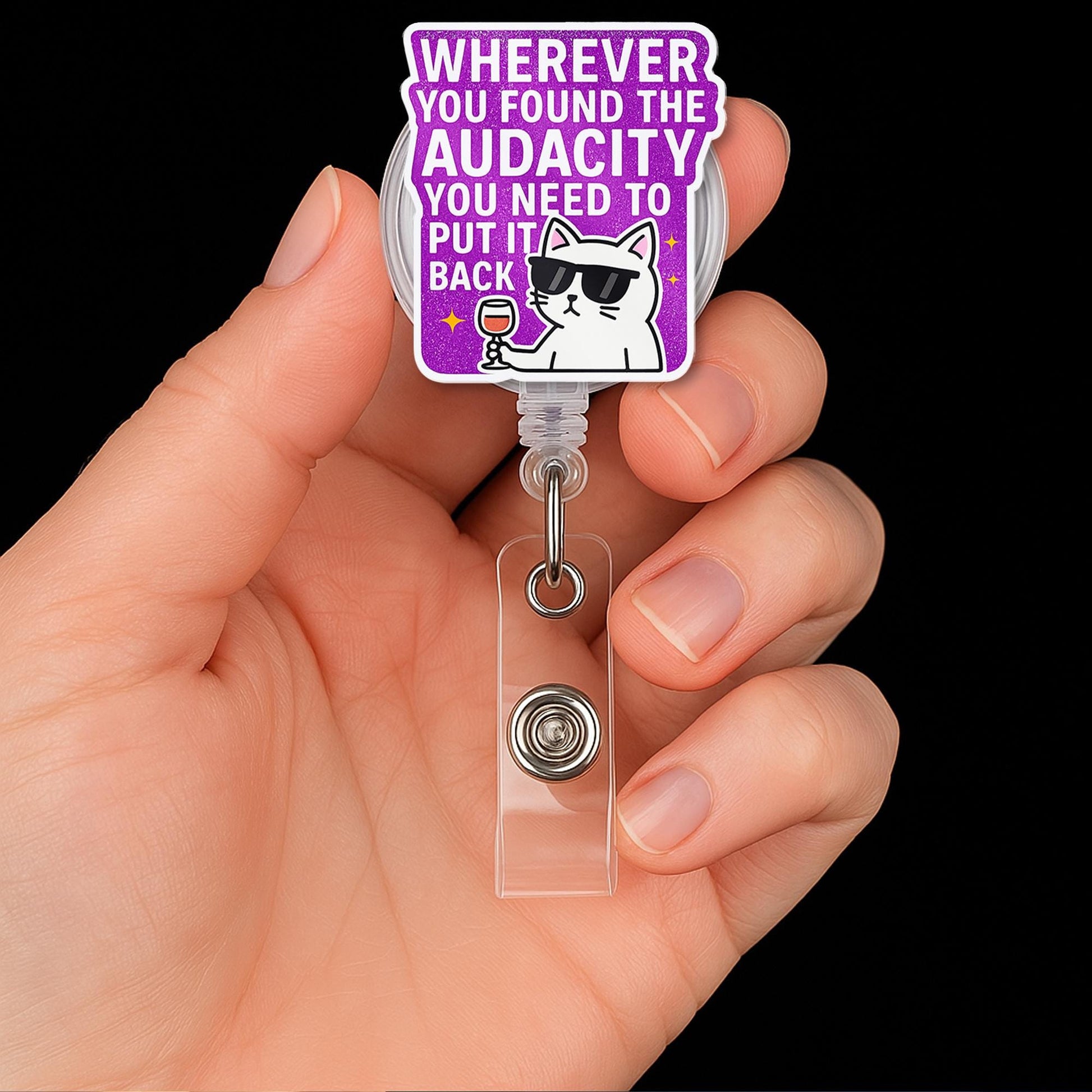 Funny Cat Badge Reel, Sassy ID Clip for Work, Retractable Name Badge Holder, Wine Lover Gift, Office Humor Accessory