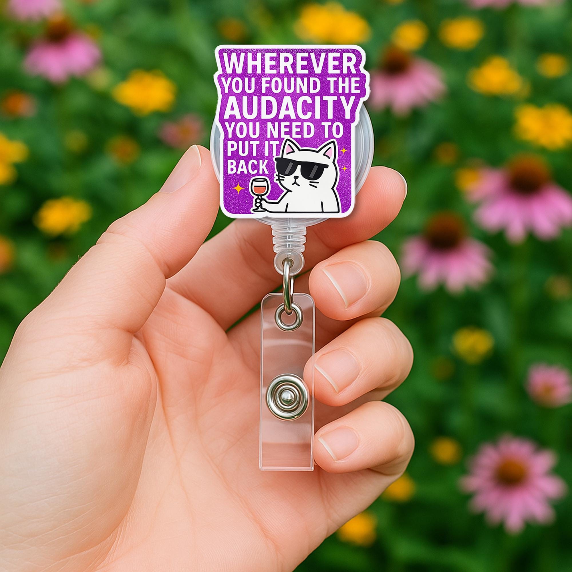Funny Cat Badge Reel, Sassy ID Clip for Work, Retractable Name Badge Holder, Wine Lover Gift, Office Humor Accessory
