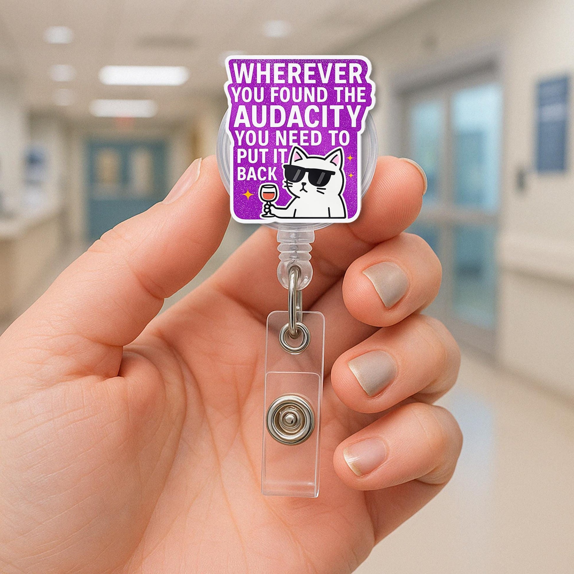 Funny Cat Badge Reel, Sassy ID Clip for Work, Retractable Name Badge Holder, Wine Lover Gift, Office Humor Accessory