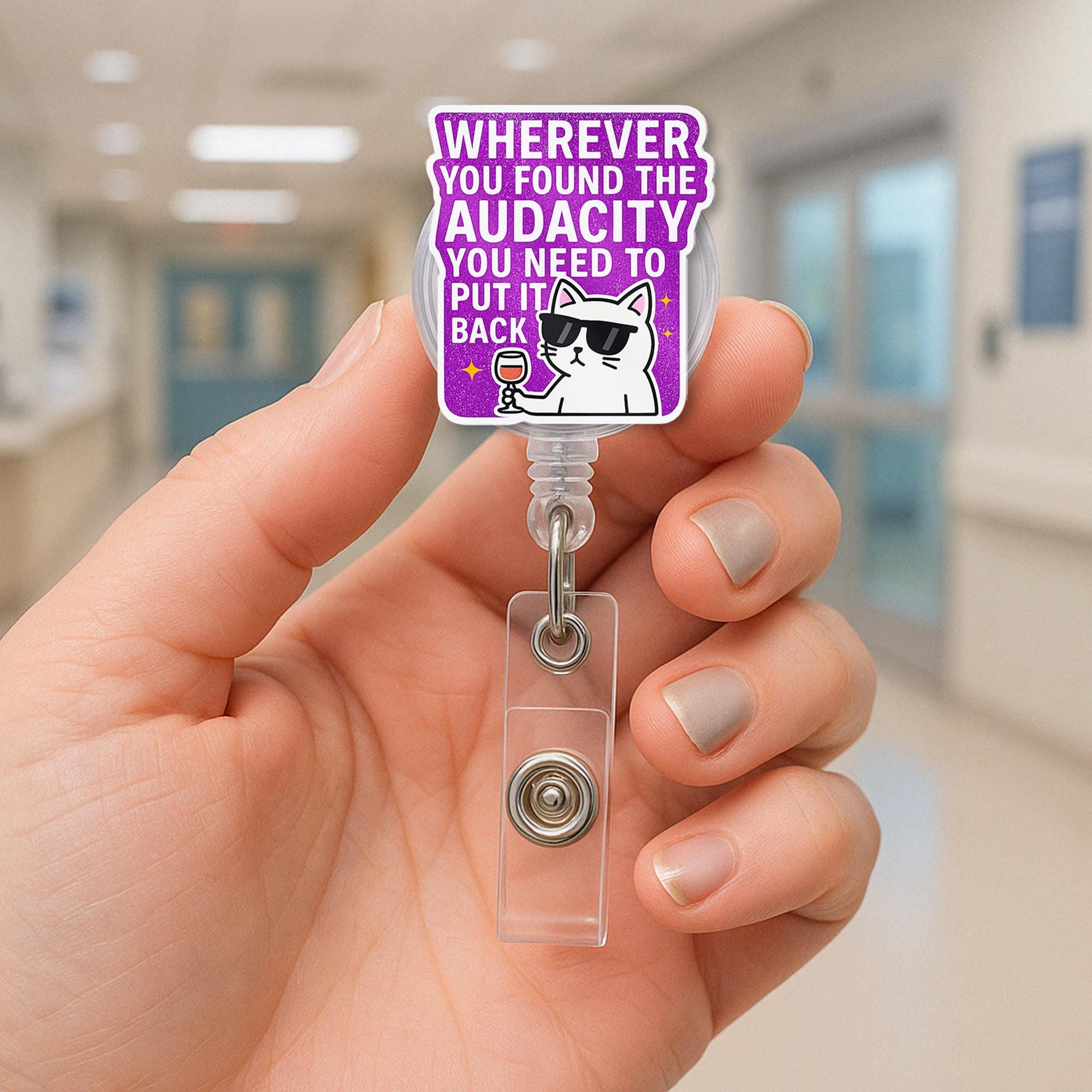 Funny Cat Badge Reel, Sassy ID Clip for Work, Retractable Name Badge Holder, Wine Lover Gift, Office Humor Accessory
