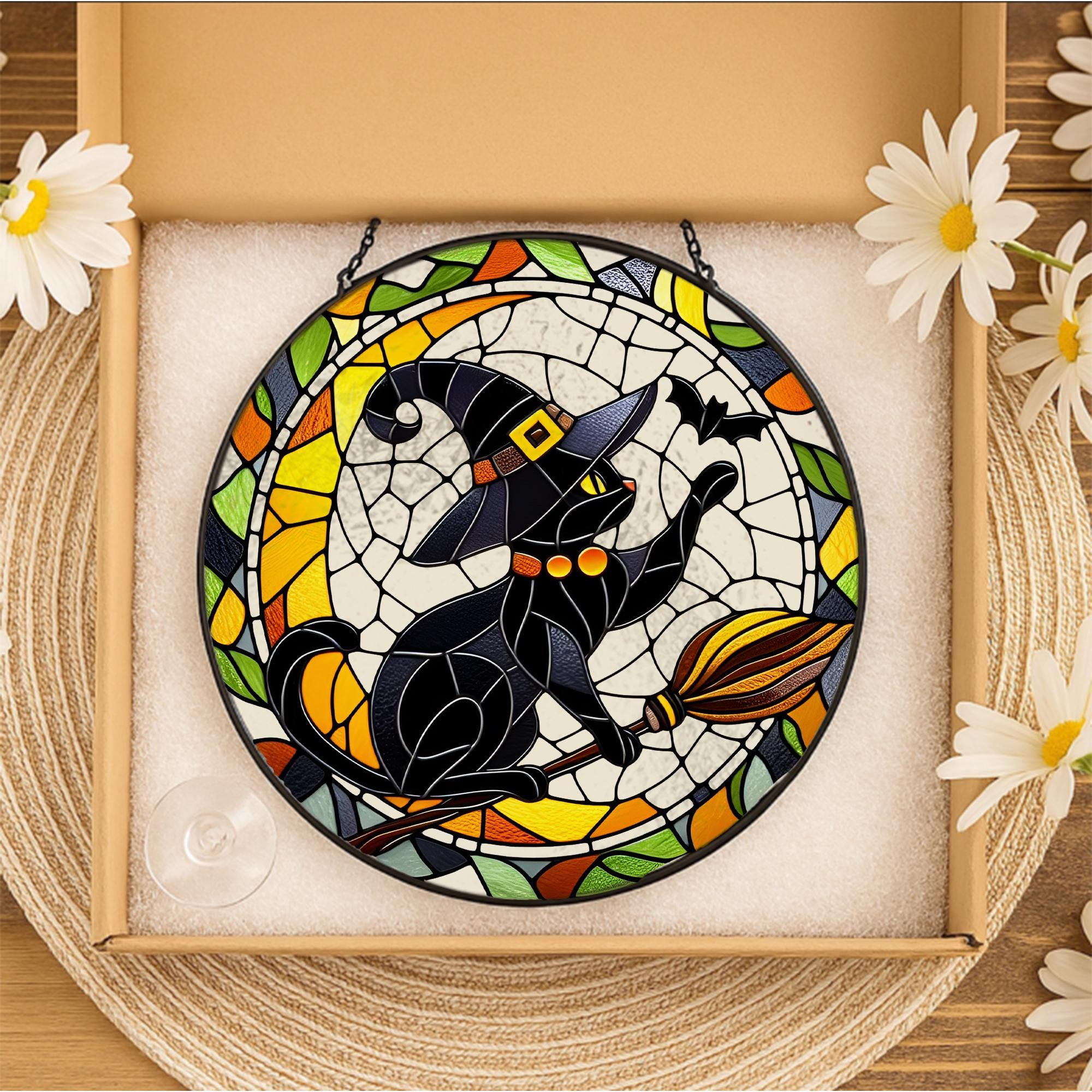 Witch Cat Suncatcher, Halloween Glass Window Hanging, Flying Broom Black Cat with Bat, Spooky Cute Fall Home Decor