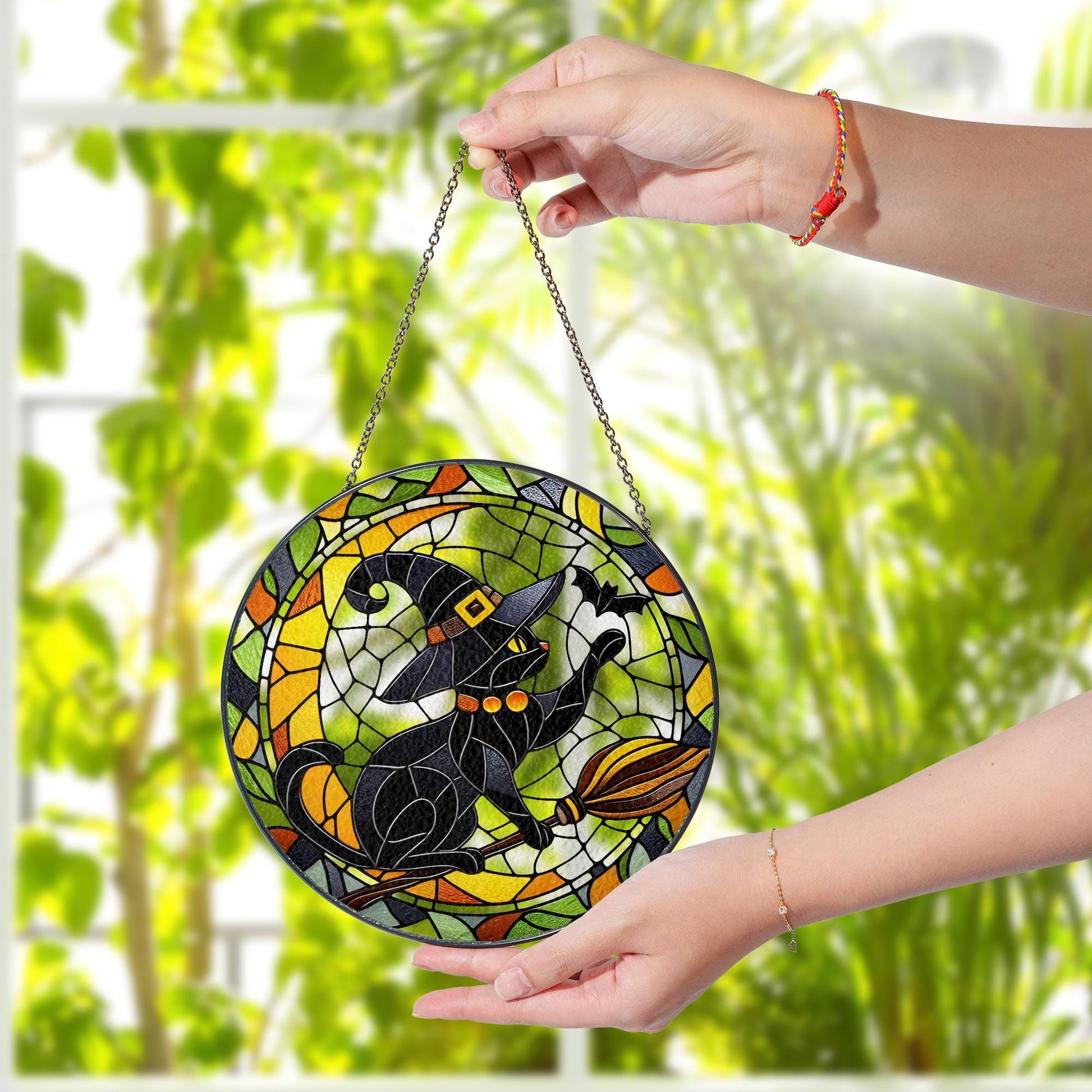 Witch Cat Suncatcher, Halloween Glass Window Hanging, Flying Broom Black Cat with Bat, Spooky Cute Fall Home Decor
