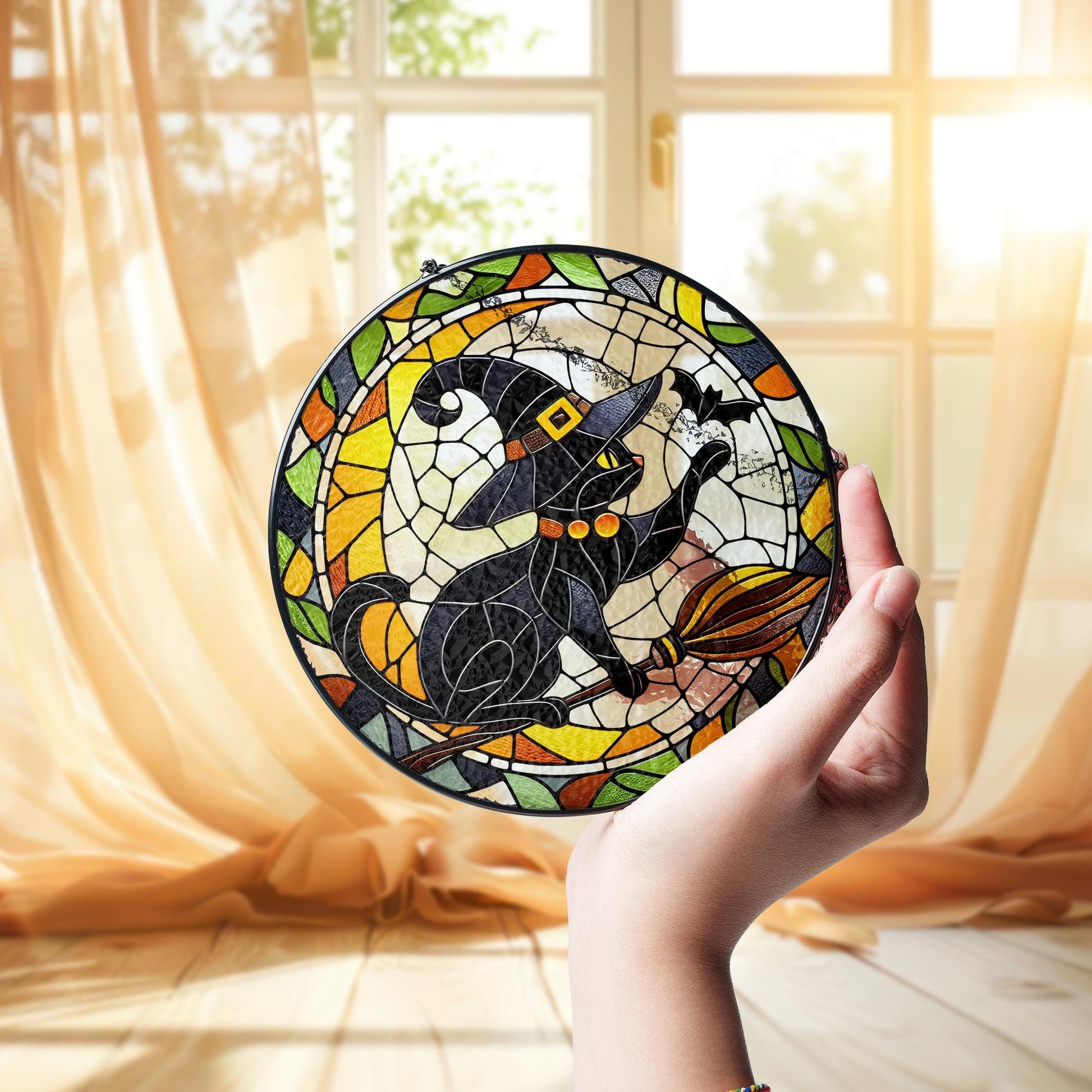 Witch Cat Suncatcher, Halloween Glass Window Hanging, Flying Broom Black Cat with Bat, Spooky Cute Fall Home Decor