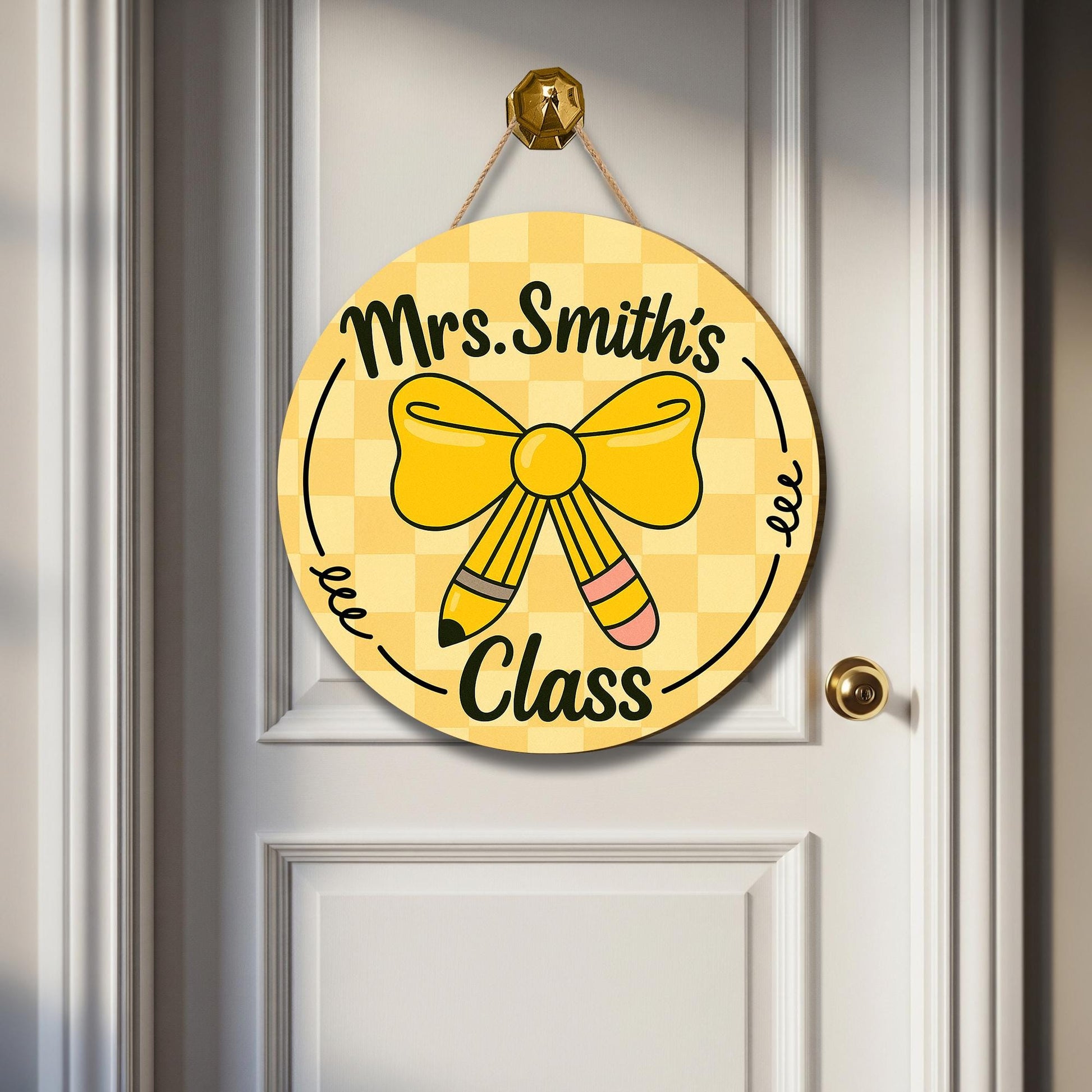 Teacher Door Hanger, Personalized Classroom Sign, Back to School Decor, Custom Name Sign, Cute Pencil Bow School Door Sign