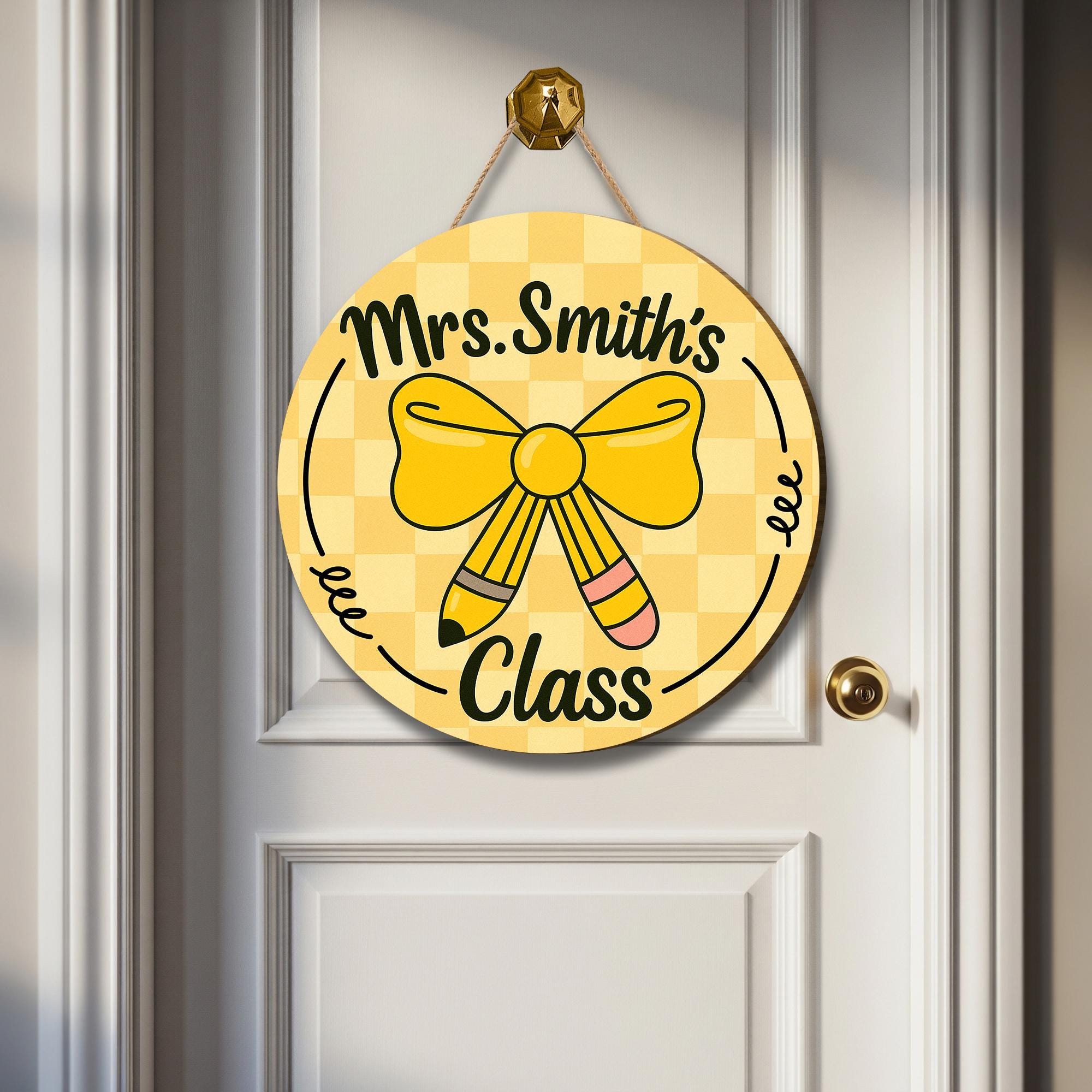Teacher Door Hanger, Personalized Classroom Sign, Back to School Decor, Custom Name Sign, Cute Pencil Bow School Door Sign