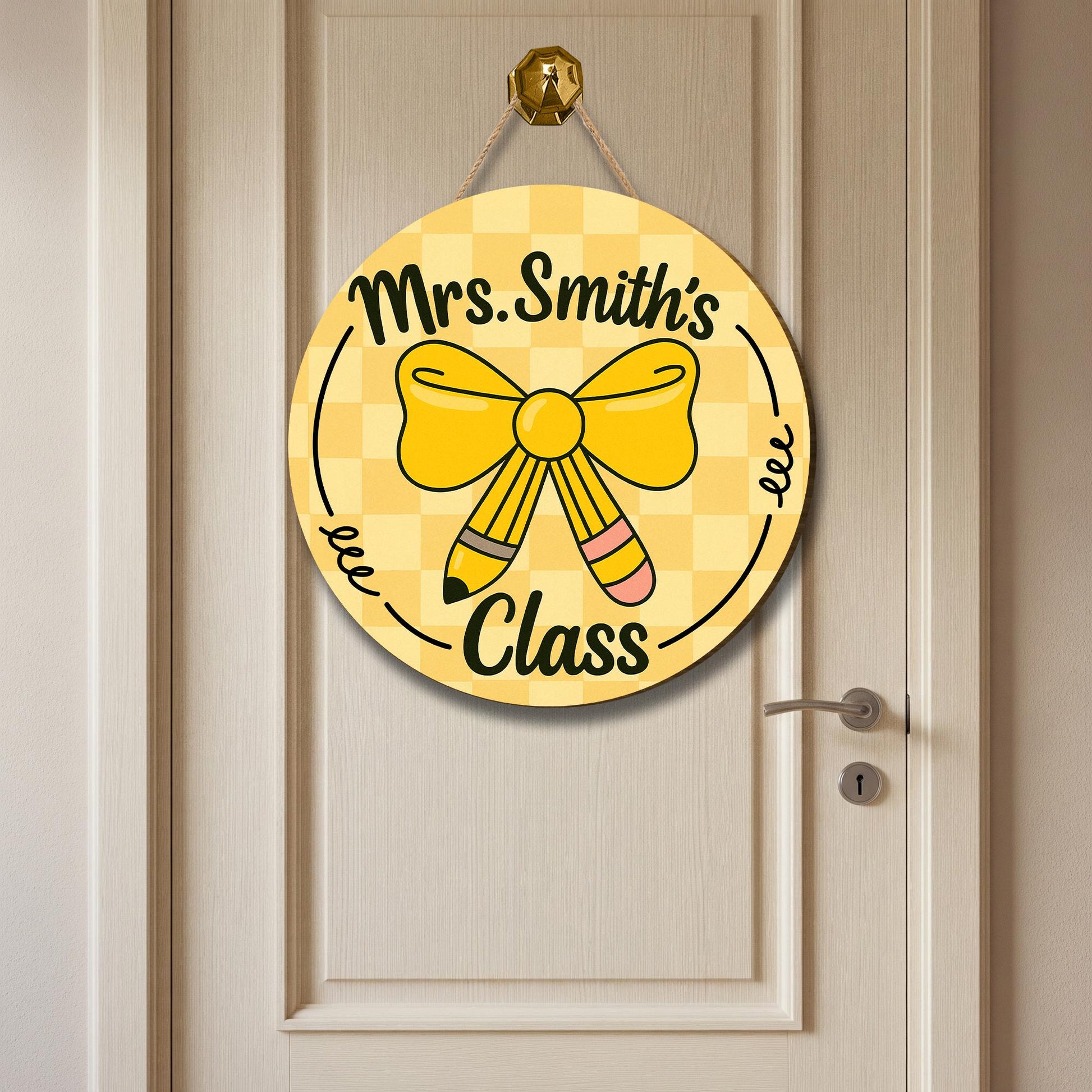 Teacher Door Hanger, Personalized Classroom Sign, Back to School Decor, Custom Name Sign, Cute Pencil Bow School Door Sign