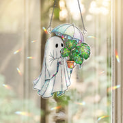 Cute Ghost Plant Suncatcher Stained Glass Monstera Umbrella Window Decor Halloween Gift