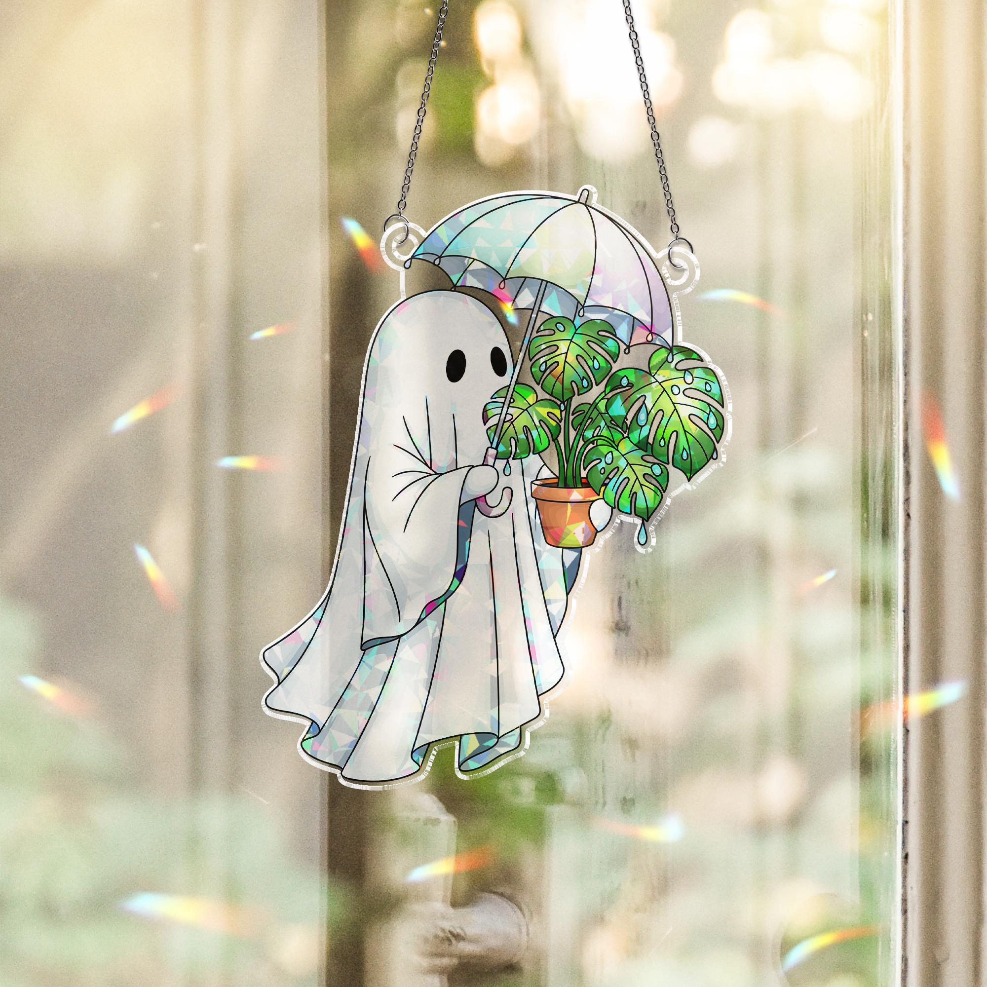 Cute Ghost Plant Suncatcher Stained Glass Monstera Umbrella Window Decor Halloween Gift