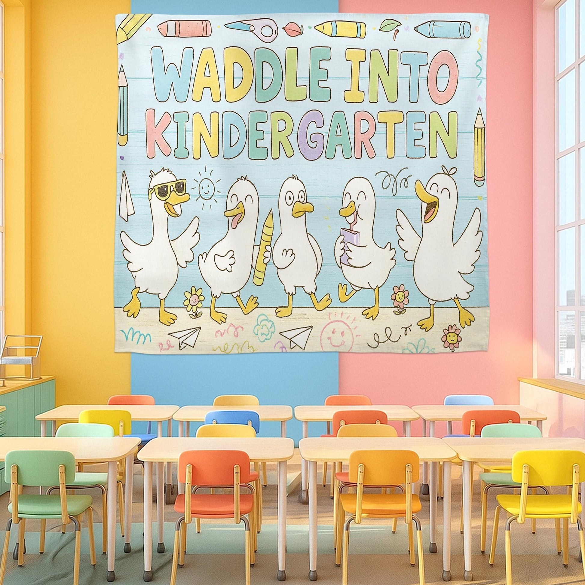 Custom Waddle Into Kindergarten Tapestry, Back to School Classroom Decor, Duck Theme Teacher Wall Banner, Kindergarten Wall Art