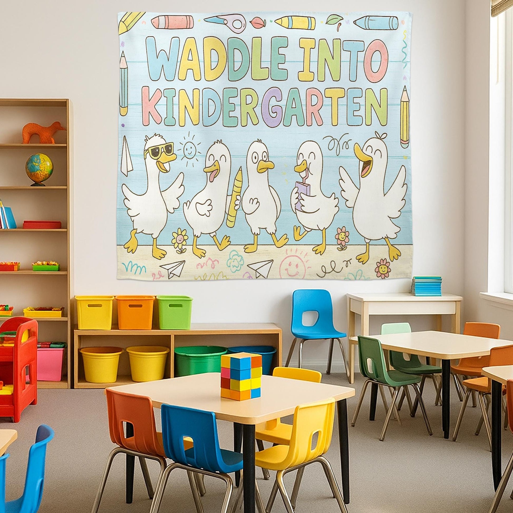 Custom Waddle Into Kindergarten Tapestry, Back to School Classroom Decor, Duck Theme Teacher Wall Banner, Kindergarten Wall Art
