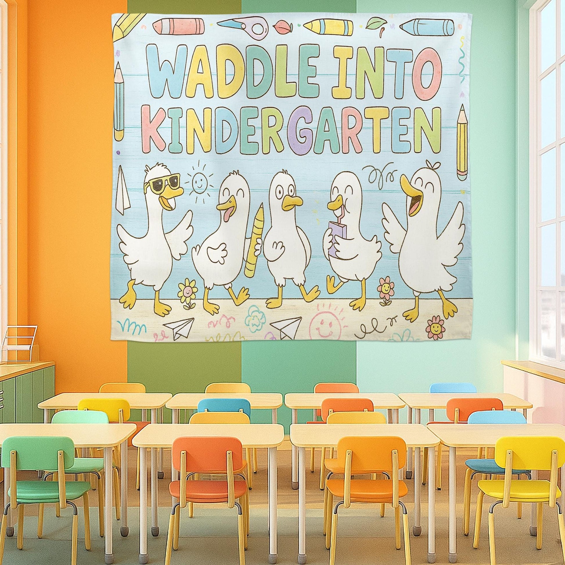 Custom Waddle Into Kindergarten Tapestry, Back to School Classroom Decor, Duck Theme Teacher Wall Banner, Kindergarten Wall Art