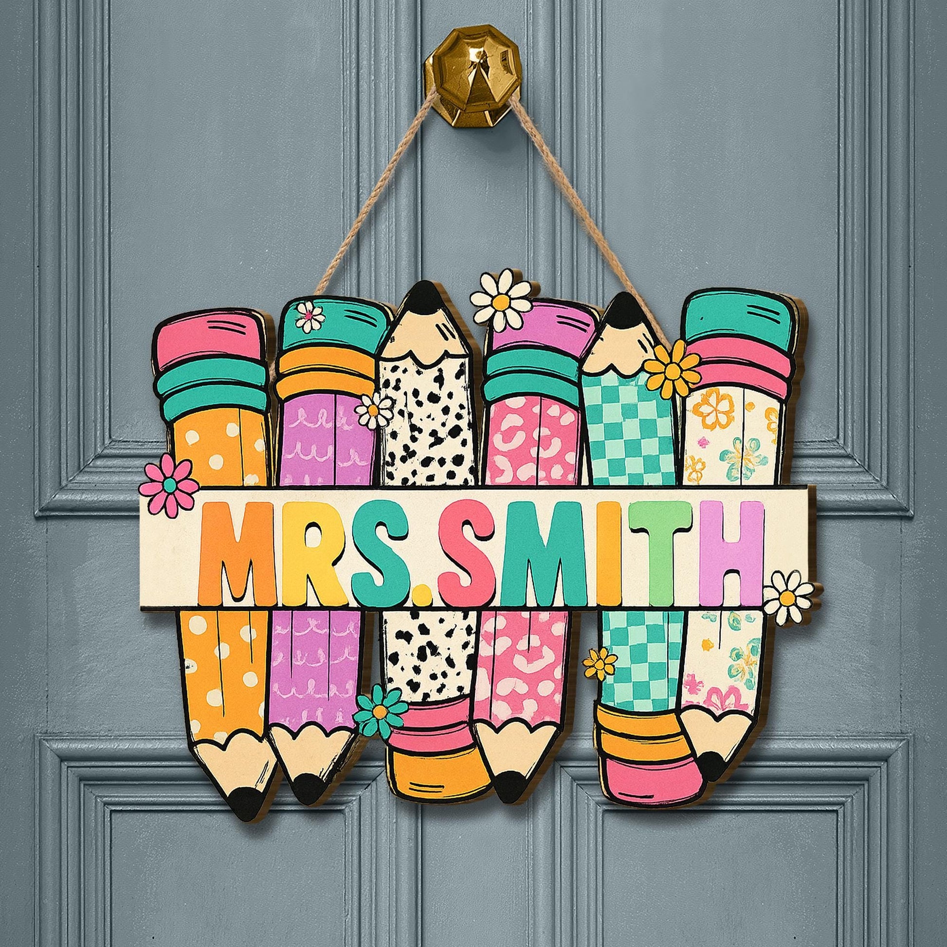 Teacher Pencil Door Hanger, Personalized Classroom Sign, Custom Name Teacher Gift, Back to School Decor, Cute Outdoor Sign