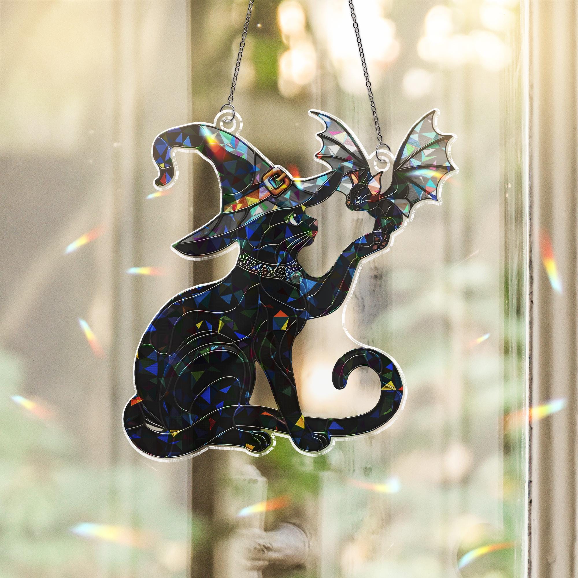 Witch Cat and Bat Suncatcher, Holographic Acrylic Halloween Window Decor, Spooky Cute Black Cat Ornament, Gothic Fall Home Accent