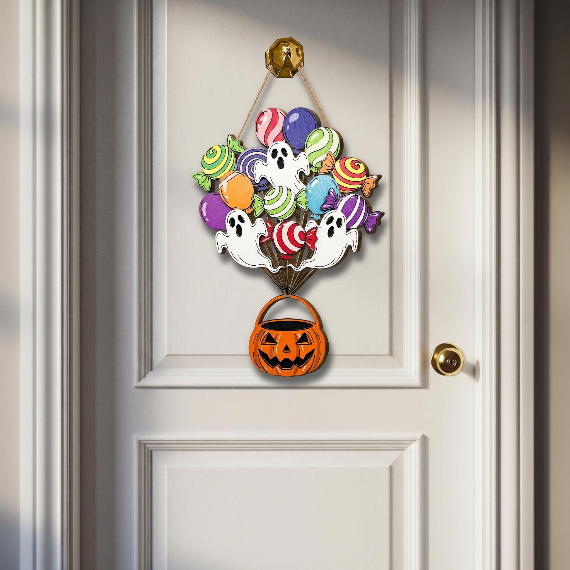 Colorful Ghost Candy Halloween Door Sign, Trick or Treat Wooden Porch Hanger, Cute Fall Wall Decor with Pumpkin Candy Bucket