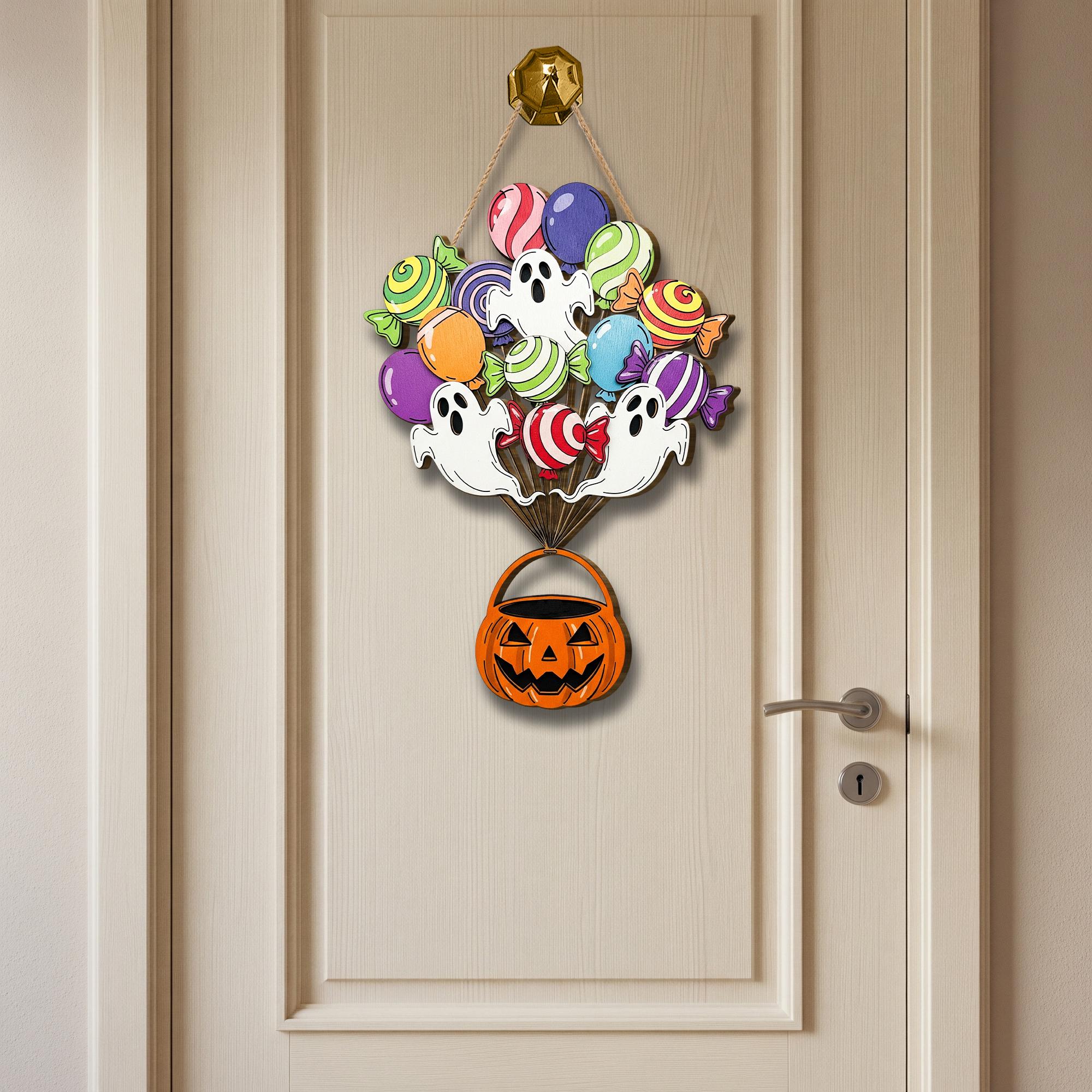 Colorful Ghost Candy Halloween Door Sign, Trick or Treat Wooden Porch Hanger, Cute Fall Wall Decor with Pumpkin Candy Bucket