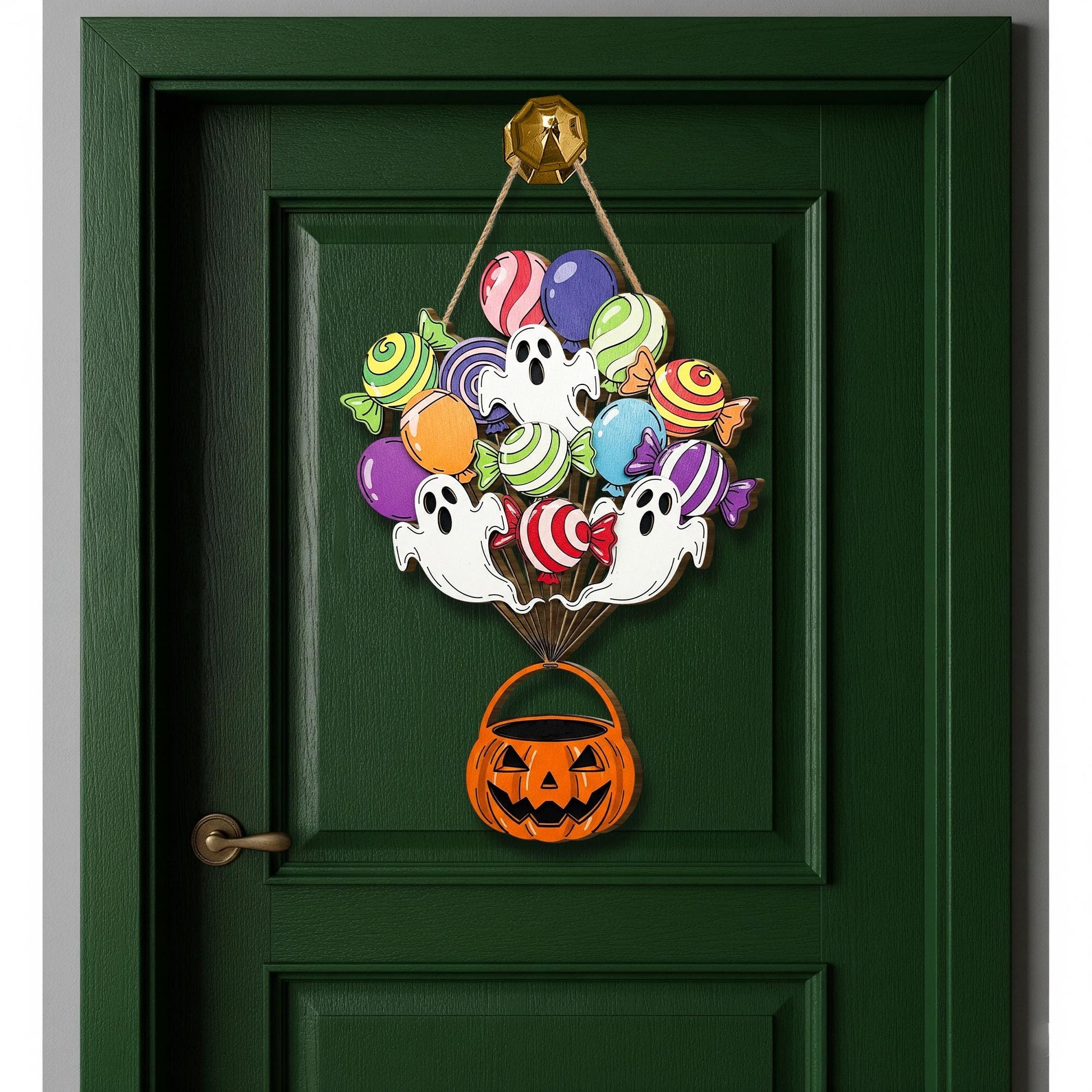 Colorful Ghost Candy Halloween Door Sign, Trick or Treat Wooden Porch Hanger, Cute Fall Wall Decor with Pumpkin Candy Bucket