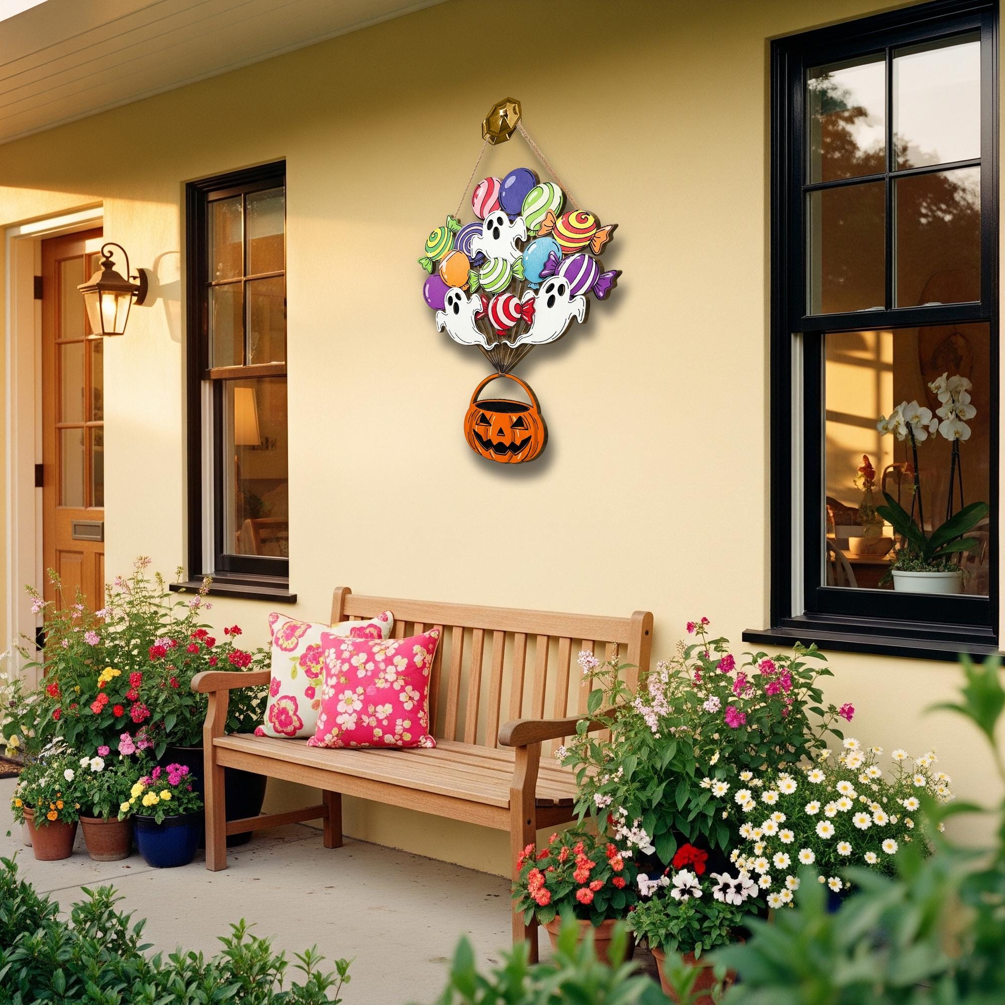 Colorful Ghost Candy Halloween Door Sign, Trick or Treat Wooden Porch Hanger, Cute Fall Wall Decor with Pumpkin Candy Bucket
