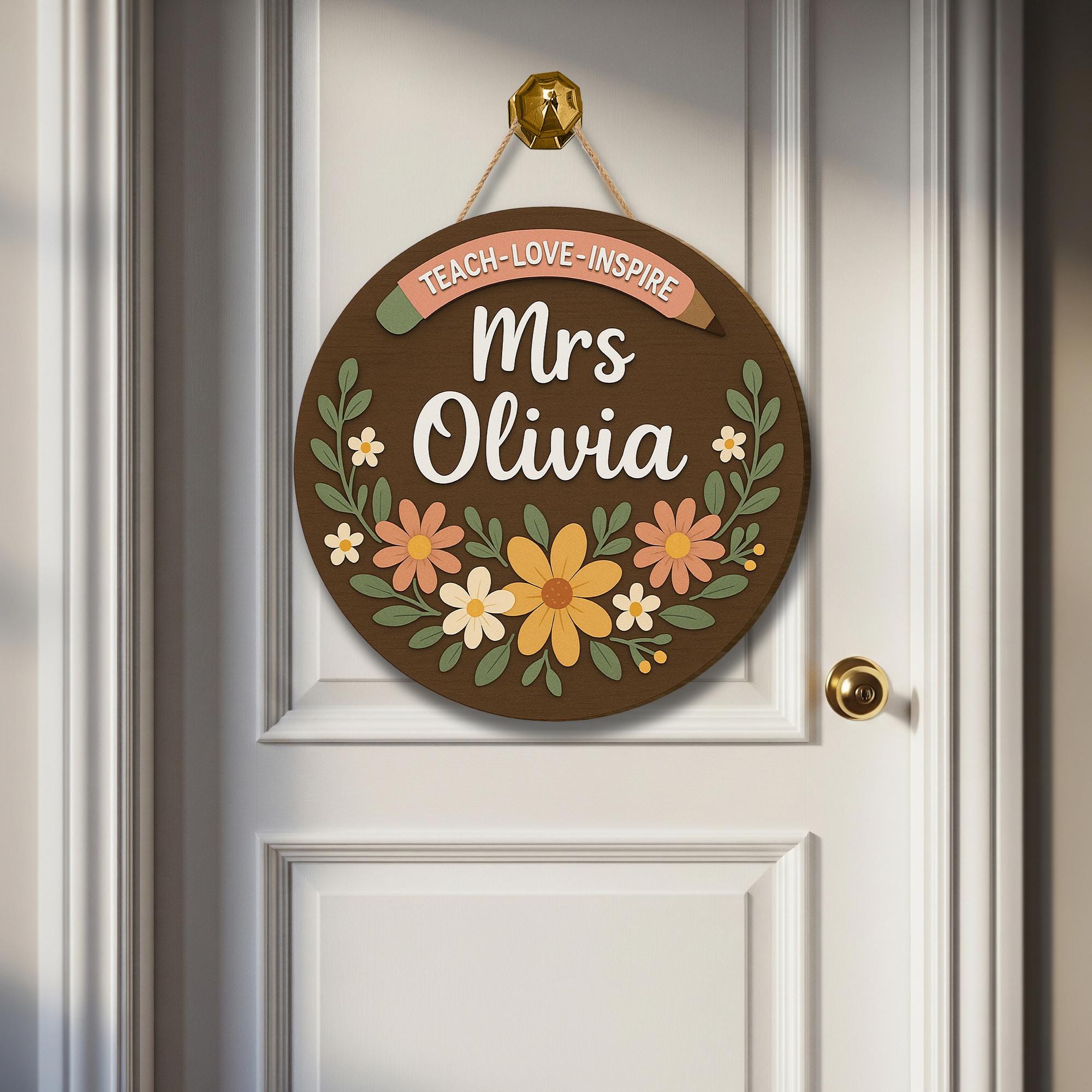 Floral Teacher Door Hanger, Teach Love Inspire Sign, Personalized Classroom Decor, Custom Name Wood Sign, Back to School Gift