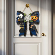 Halloween Bow Wooden Door Sign with Cat, Crow & Pumpkin, Spooky Fall Porch Decor, Gothic Halloween Wall Hanging for Front Door