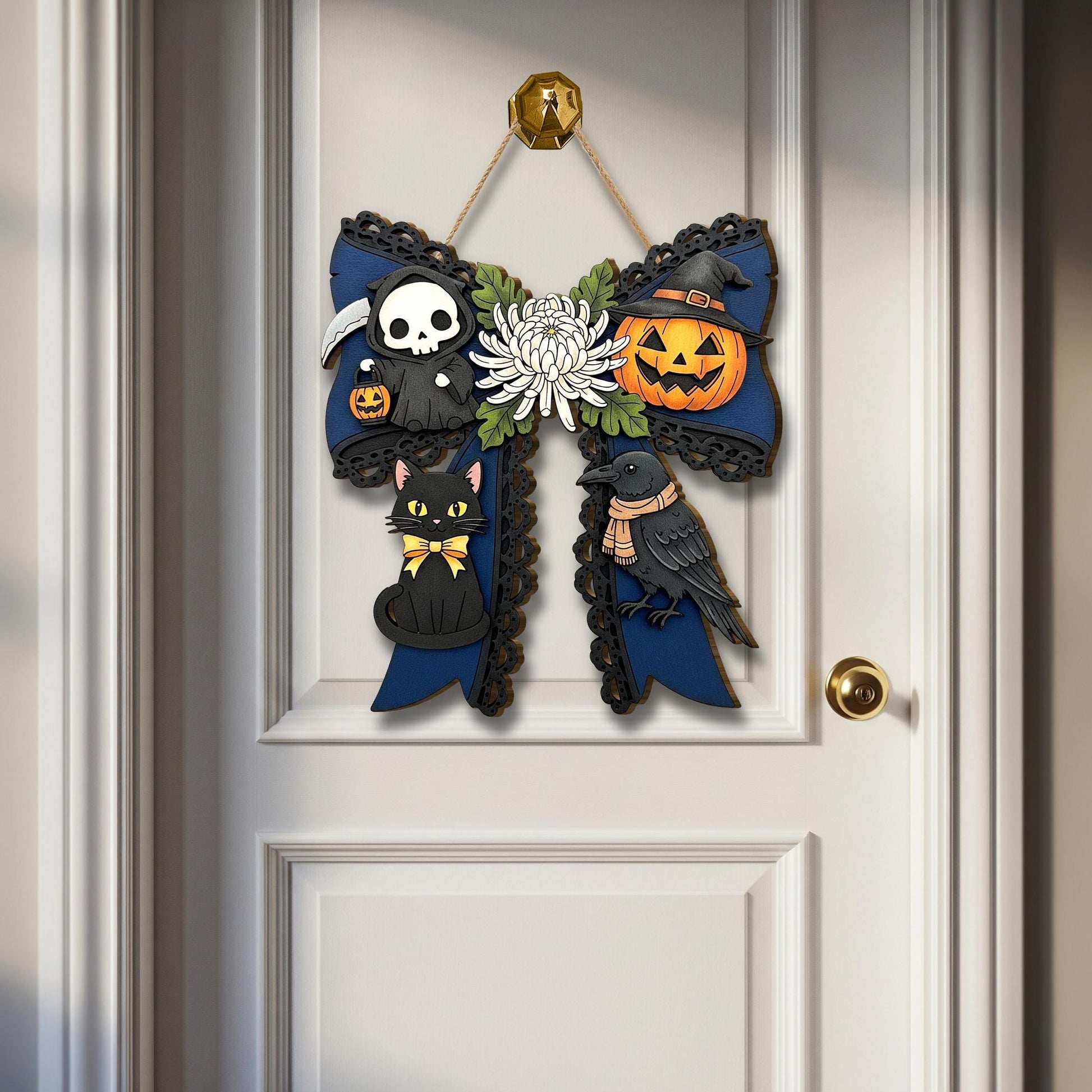 Halloween Bow Wooden Door Sign with Cat, Crow & Pumpkin, Spooky Fall Porch Decor, Gothic Halloween Wall Hanging for Front Door