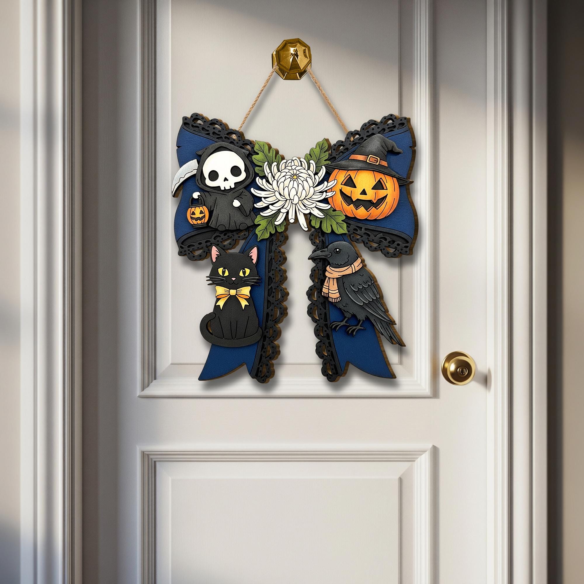 Halloween Bow Wooden Door Sign with Cat, Crow & Pumpkin, Spooky Fall Porch Decor, Gothic Halloween Wall Hanging for Front Door