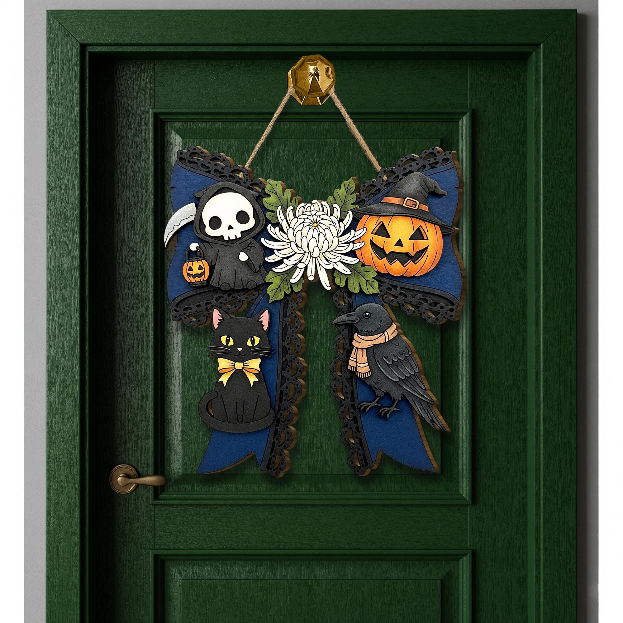 Halloween Bow Wooden Door Sign with Cat, Crow & Pumpkin, Spooky Fall Porch Decor, Gothic Halloween Wall Hanging for Front Door