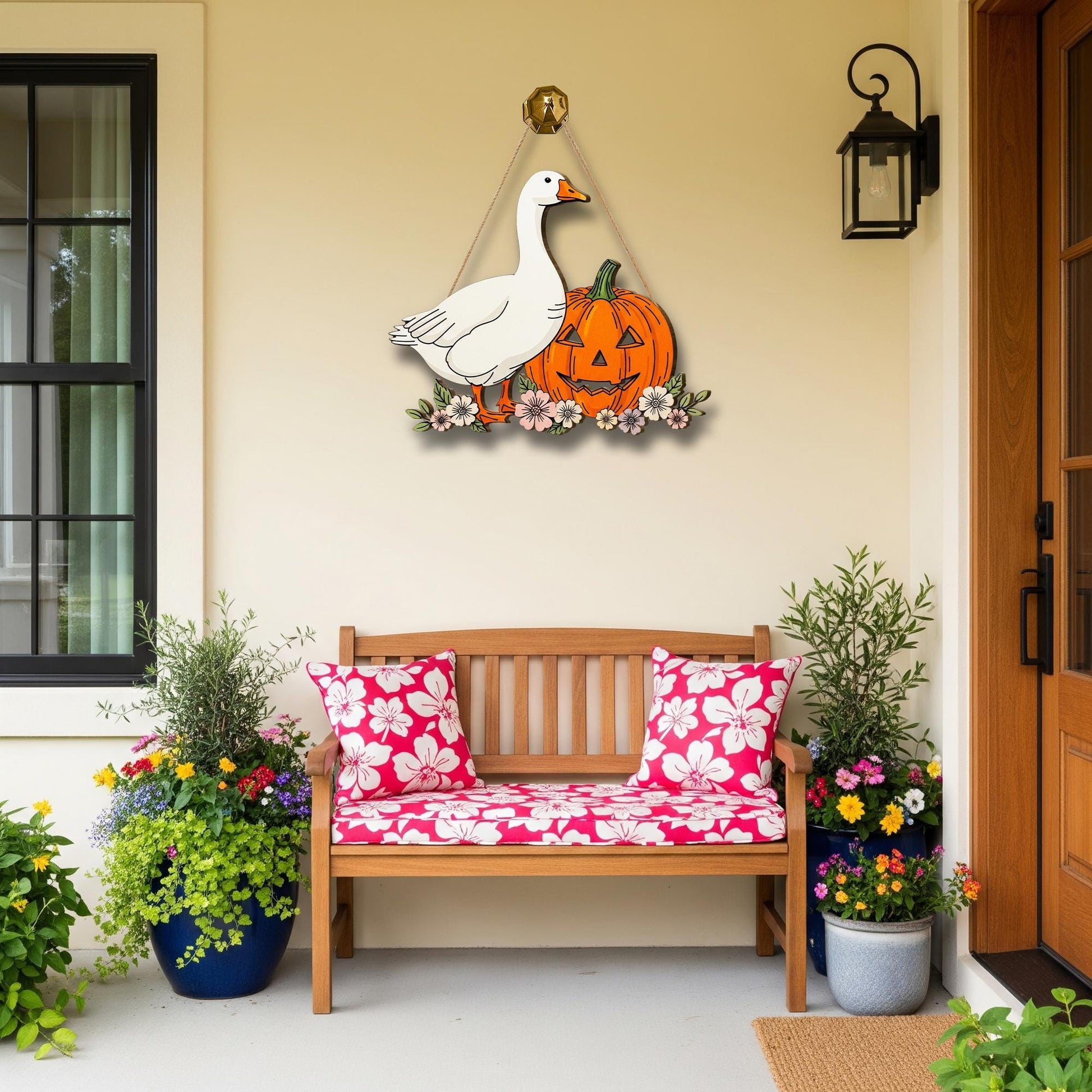 Fall Goose Pumpkin Door Sign, Wooden Halloween Porch Decor, Cute Farmhouse Autumn Wall Hanging, Rustic Jack O'Lantern Sign