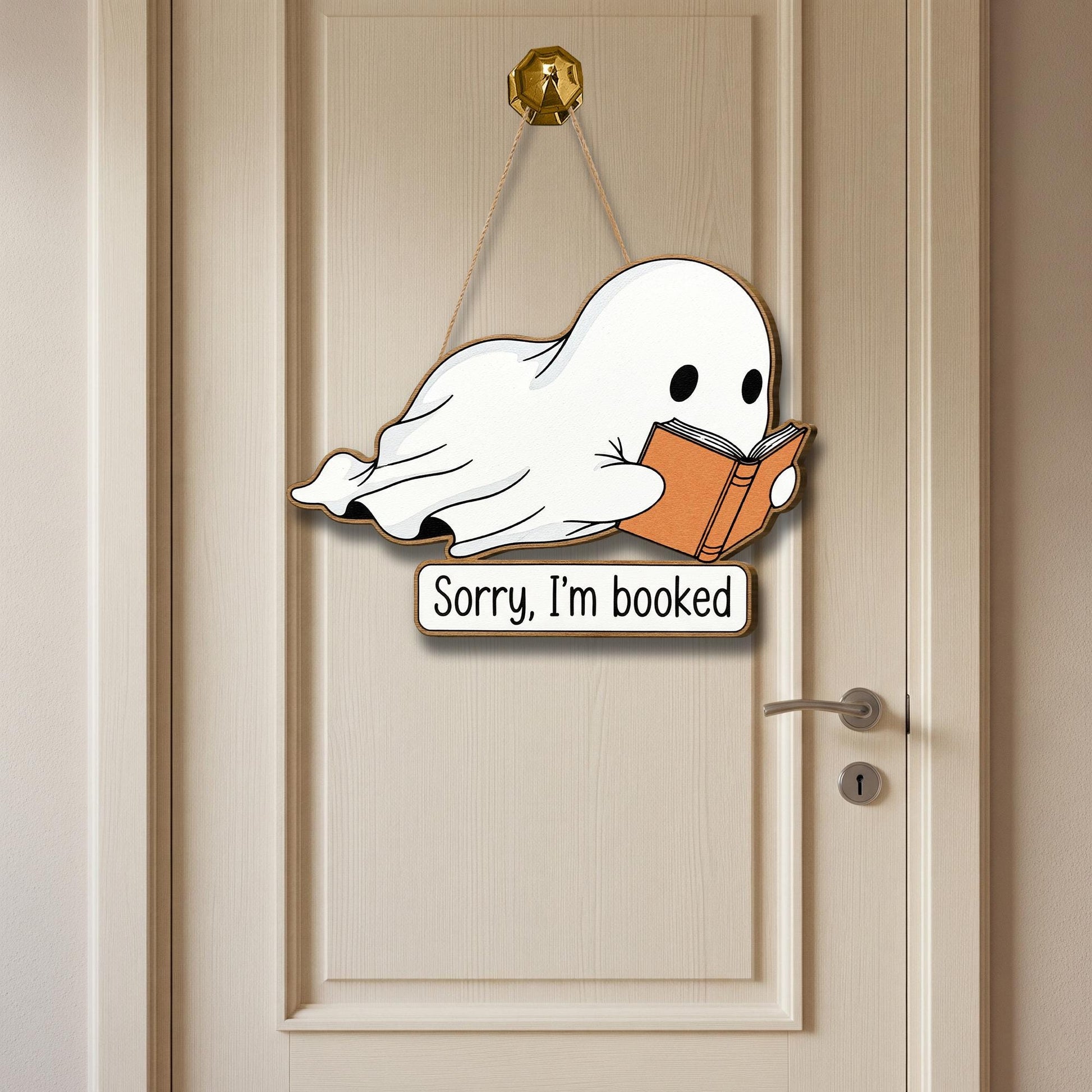 Sorry I’m Booked Ghost Wooden Sign, Halloween Book Lover Decor, Funny Spooky Reading Door Hanger, Bookish Fall Home Wall Art