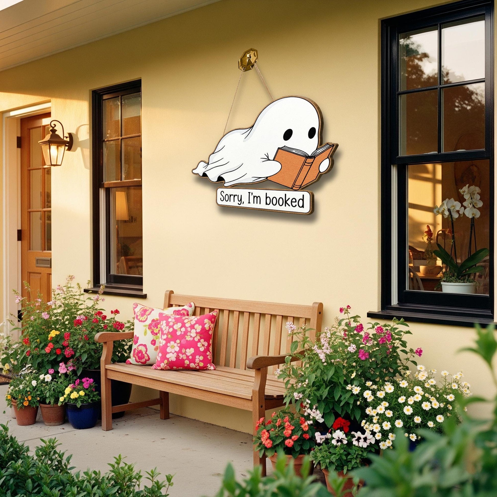 Sorry I’m Booked Ghost Wooden Sign, Halloween Book Lover Decor, Funny Spooky Reading Door Hanger, Bookish Fall Home Wall Art