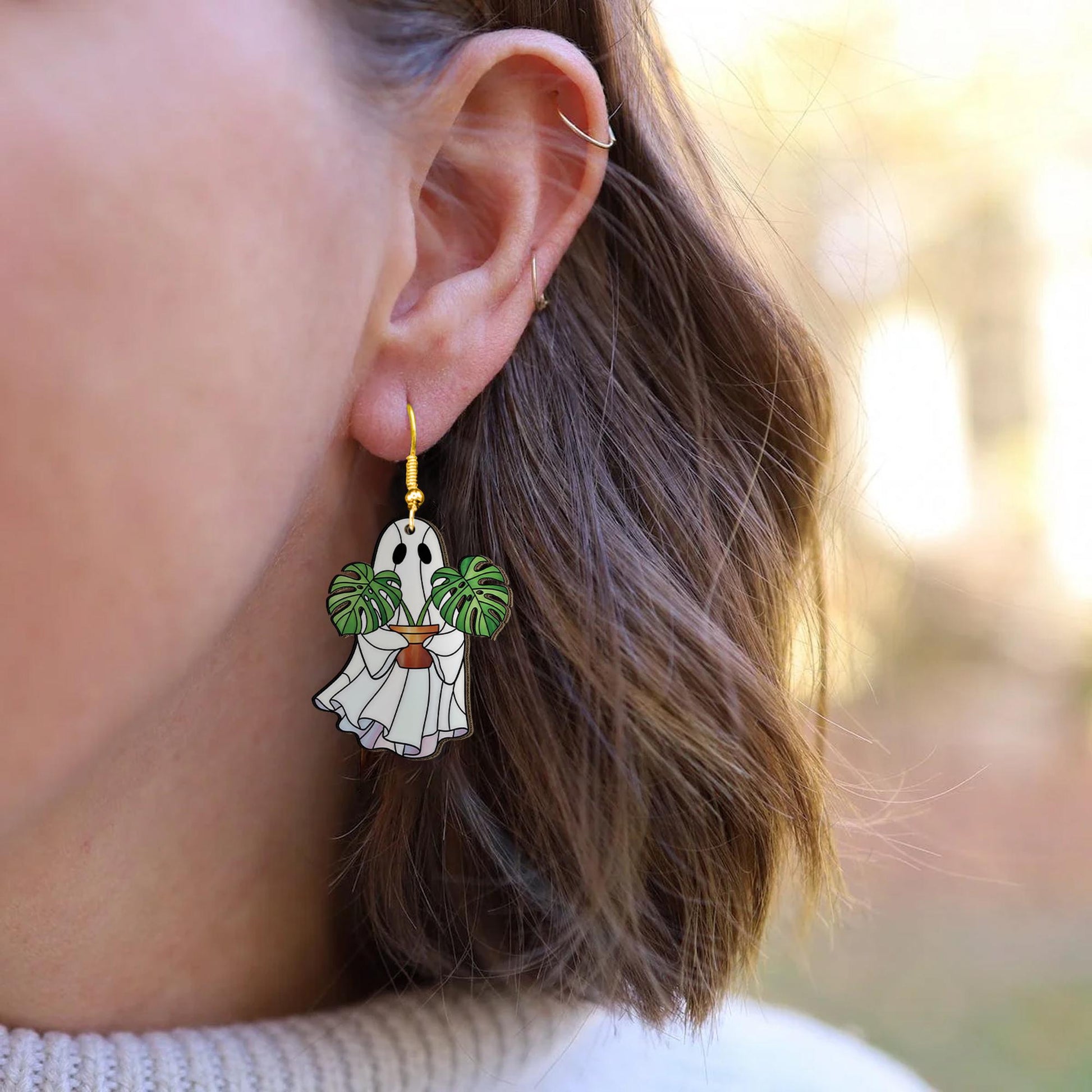Ghost Plant Earrings Monstera Leaf Jewelry, Spooky Cute Halloween Earrings, Houseplant Ghost Dangle Earrings for Plant Lovers