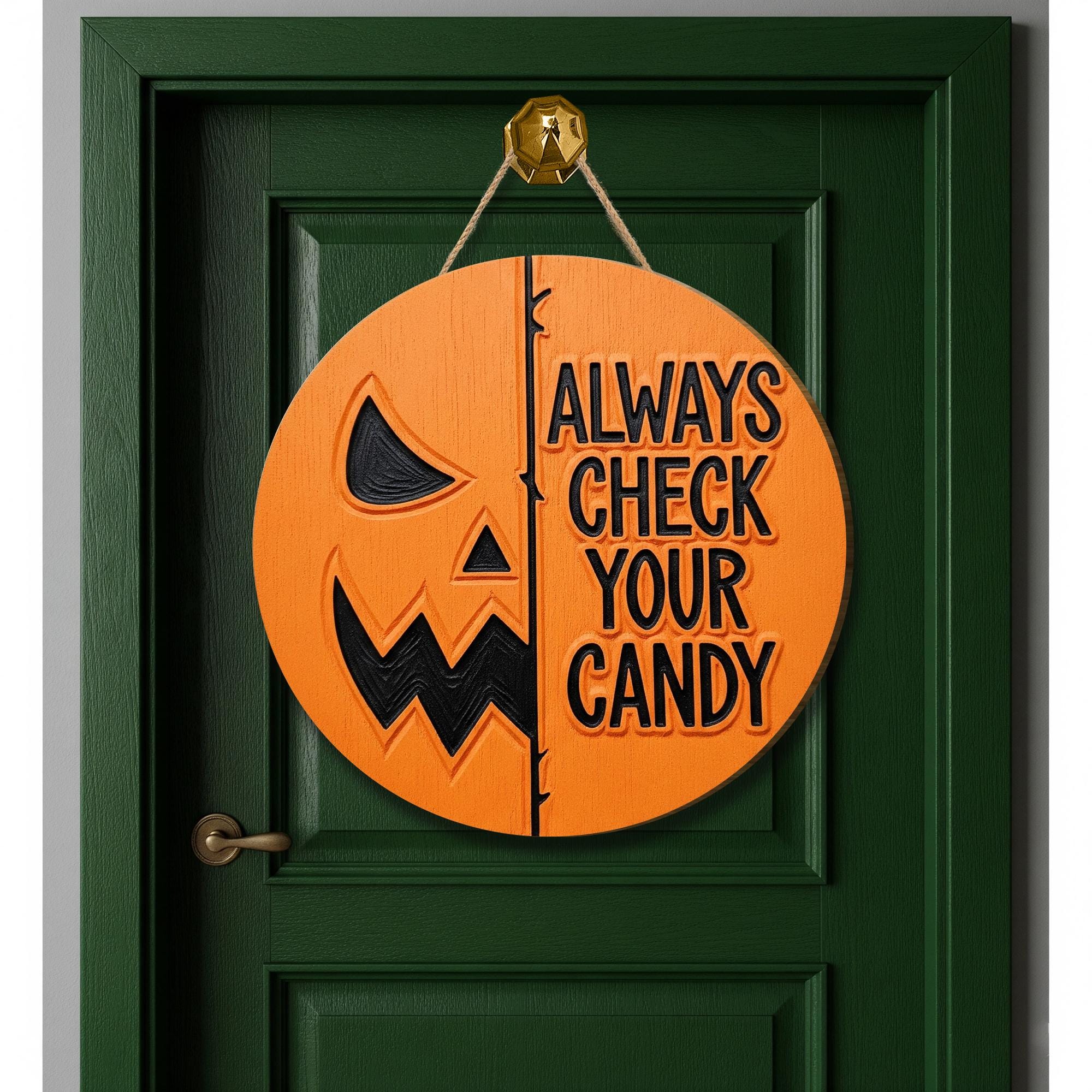 Always Check Your Candy Sign, Funny Halloween Door Hanger, Round Jack O' Lantern Decor, 3D Pumpkin Wood Sign, Spooky Trick or Treat Wall Art