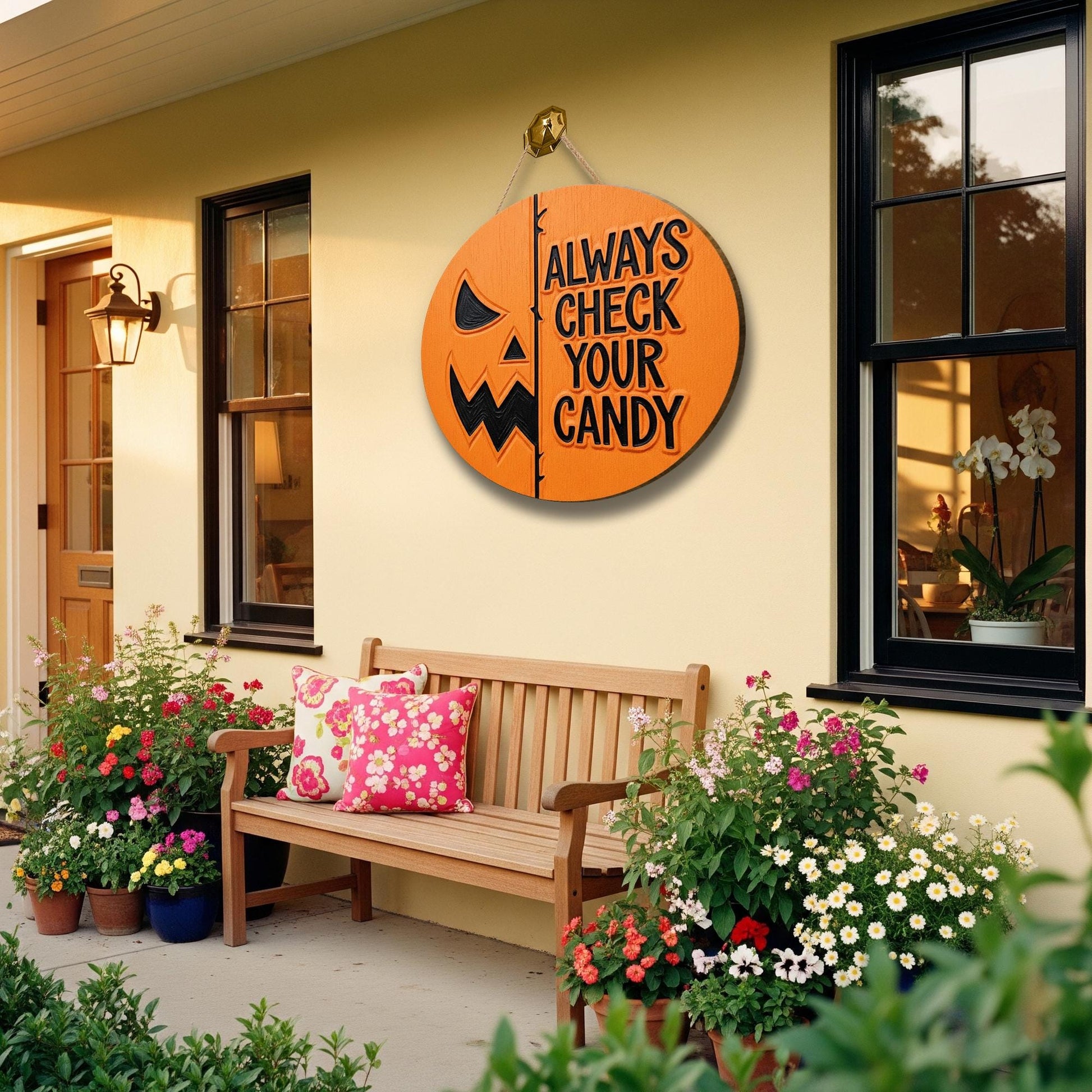 Always Check Your Candy Sign, Funny Halloween Door Hanger, Round Jack O' Lantern Decor, 3D Pumpkin Wood Sign, Spooky Trick or Treat Wall Art