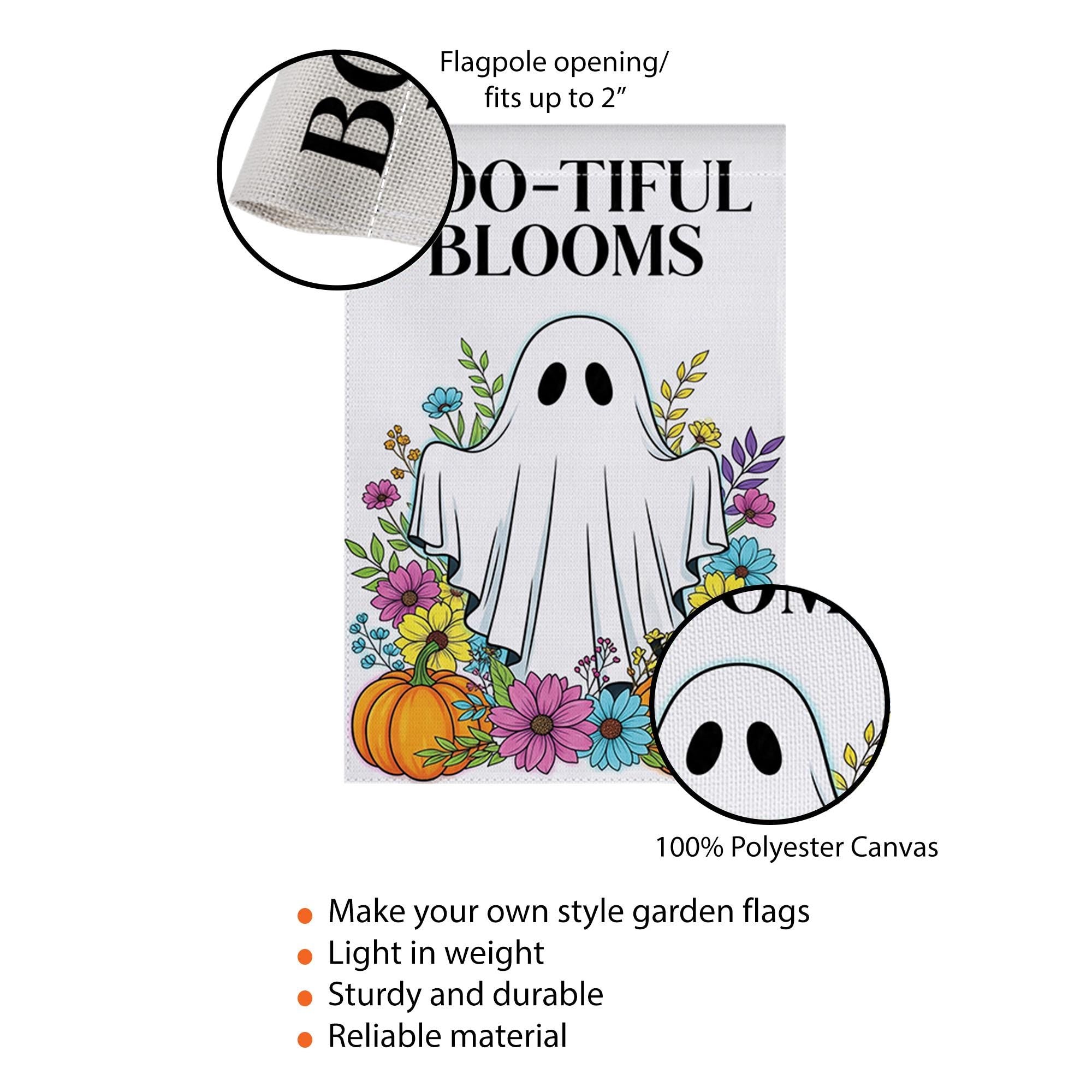 BOO-tiful Blooms Halloween Garden Flag, Cute Ghost Fall Yard Decor with Flowers and Pumpkins, Spooky Outdoor Seasonal Decoration