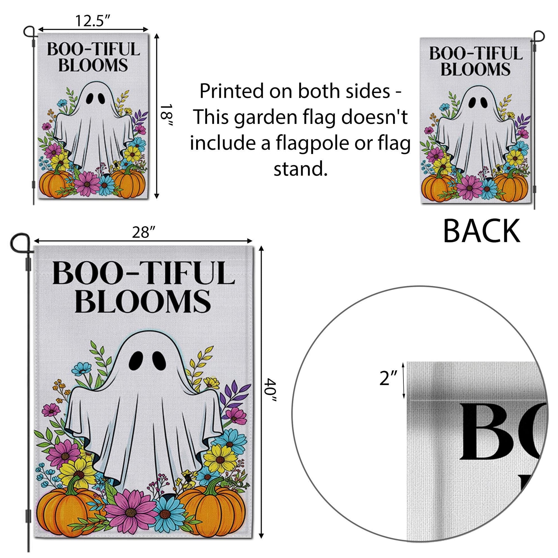 BOO-tiful Blooms Halloween Garden Flag, Cute Ghost Fall Yard Decor with Flowers and Pumpkins, Spooky Outdoor Seasonal Decoration