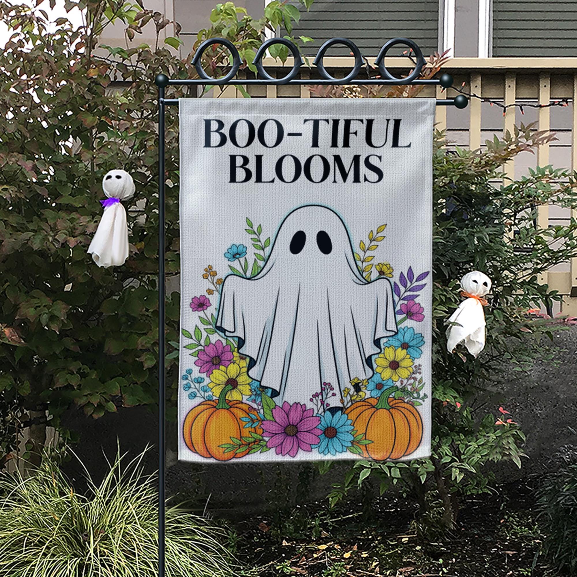 BOO-tiful Blooms Halloween Garden Flag, Cute Ghost Fall Yard Decor with Flowers and Pumpkins, Spooky Outdoor Seasonal Decoration
