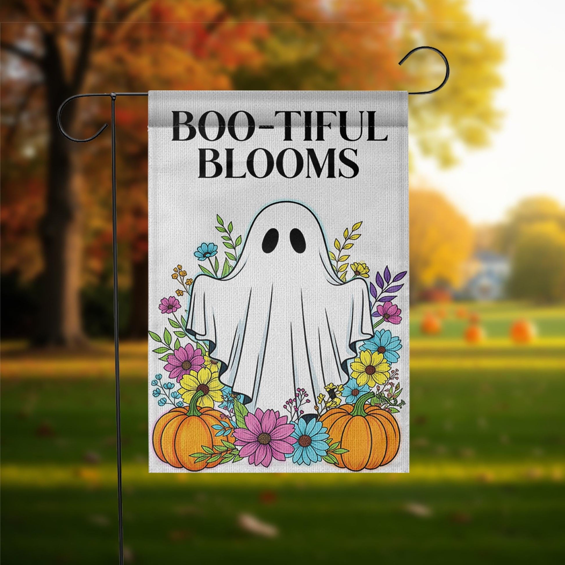 BOO-tiful Blooms Halloween Garden Flag, Cute Ghost Fall Yard Decor with Flowers and Pumpkins, Spooky Outdoor Seasonal Decoration