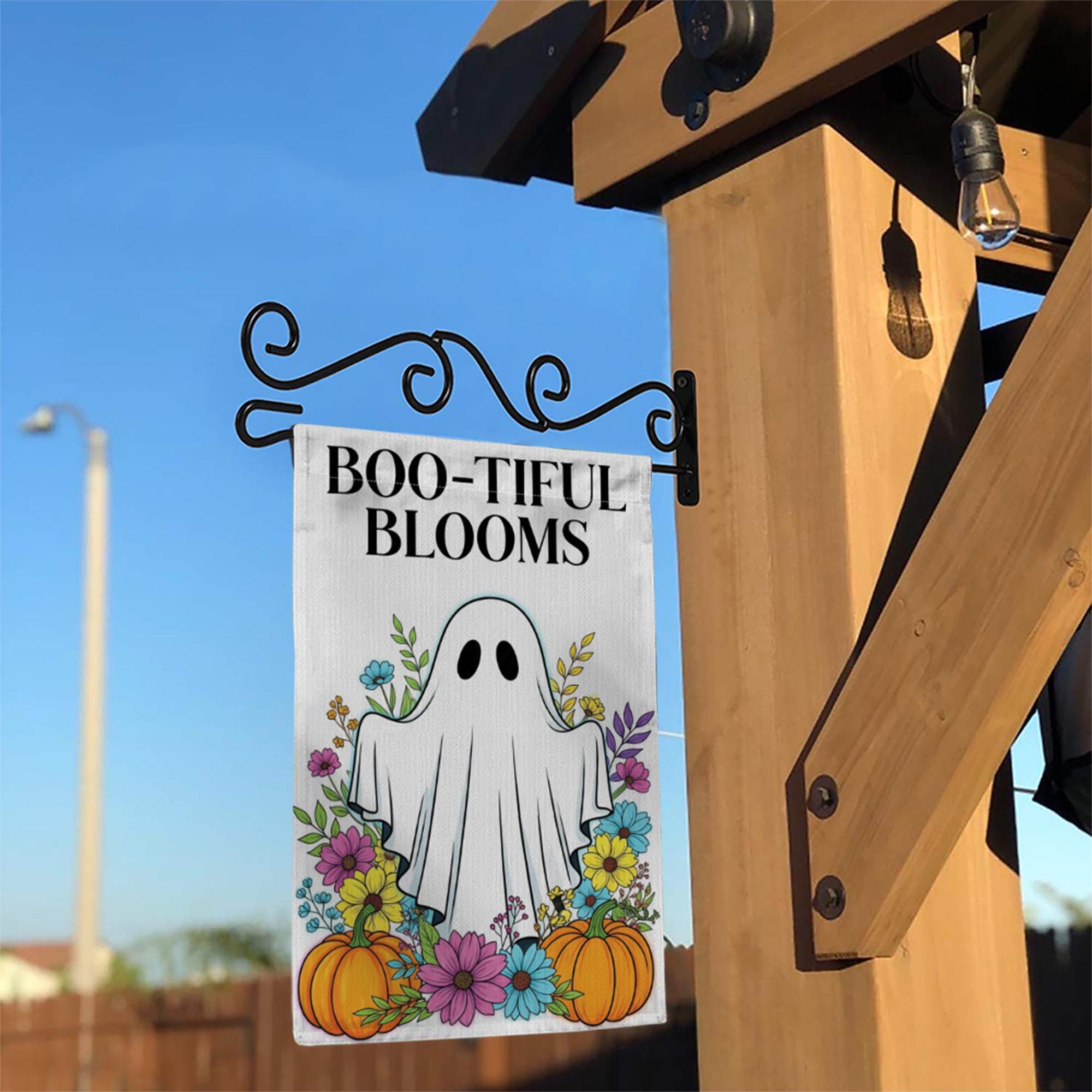 BOO-tiful Blooms Halloween Garden Flag, Cute Ghost Fall Yard Decor with Flowers and Pumpkins, Spooky Outdoor Seasonal Decoration