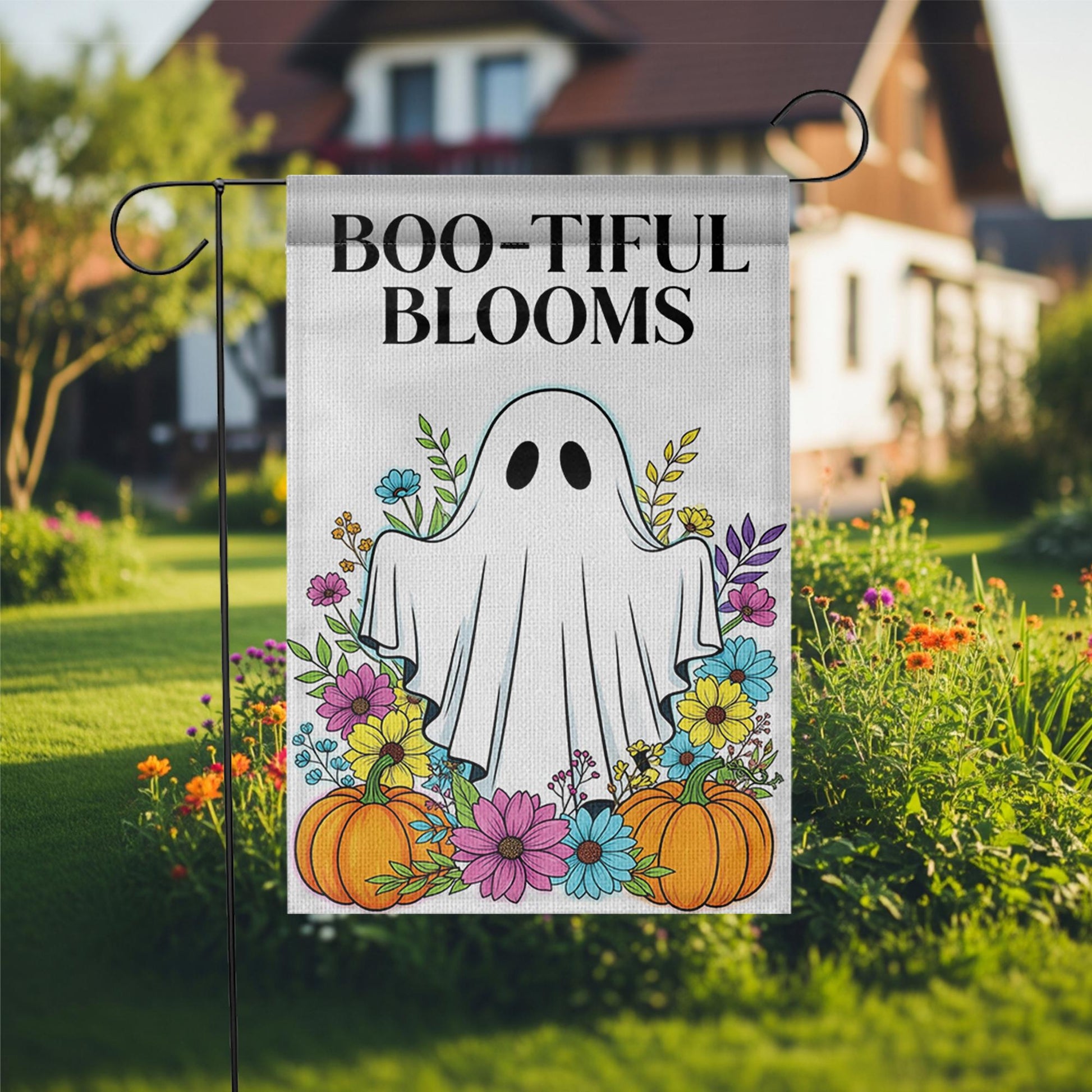 BOO-tiful Blooms Halloween Garden Flag, Cute Ghost Fall Yard Decor with Flowers and Pumpkins, Spooky Outdoor Seasonal Decoration