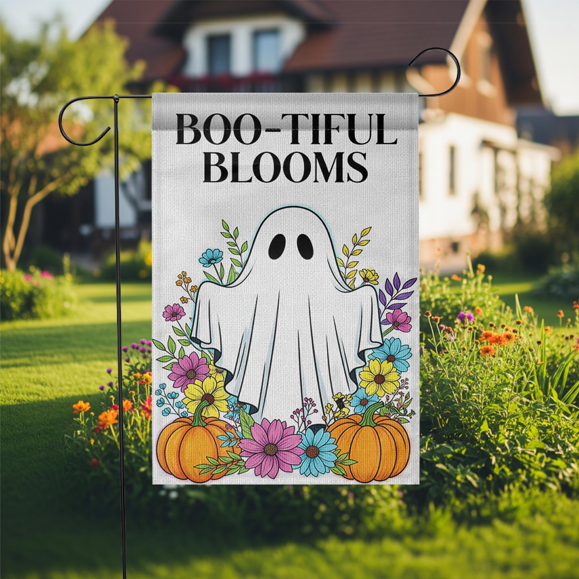 BOO-tiful Blooms Halloween Garden Flag, Cute Ghost Fall Yard Decor with Flowers and Pumpkins, Spooky Outdoor Seasonal Decoration