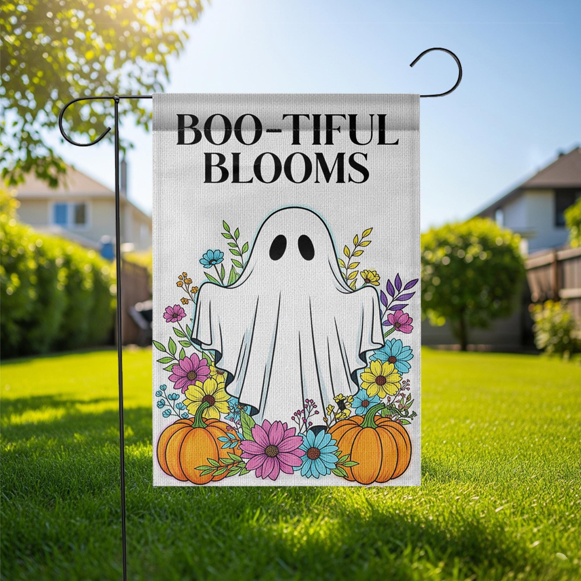 BOO-tiful Blooms Halloween Garden Flag, Cute Ghost Fall Yard Decor with Flowers and Pumpkins, Spooky Outdoor Seasonal Decoration