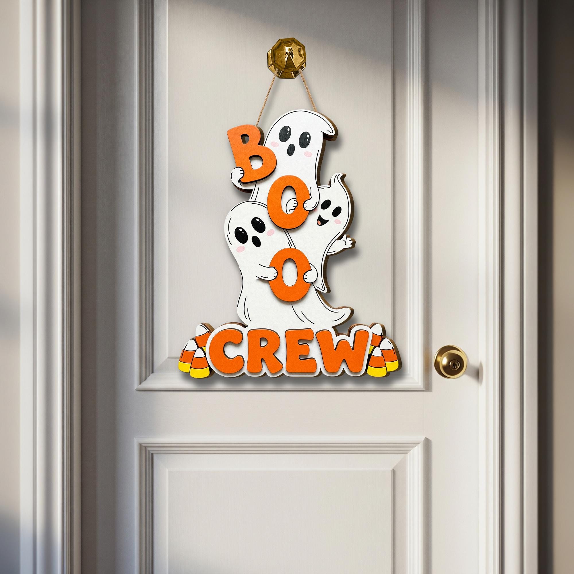 Boo Crew Sign, Cute Ghost Halloween Decor, Kids Front Door Hanger, 3D Halloween Welcome Sign, Candy Corn Ghost Door Wreath