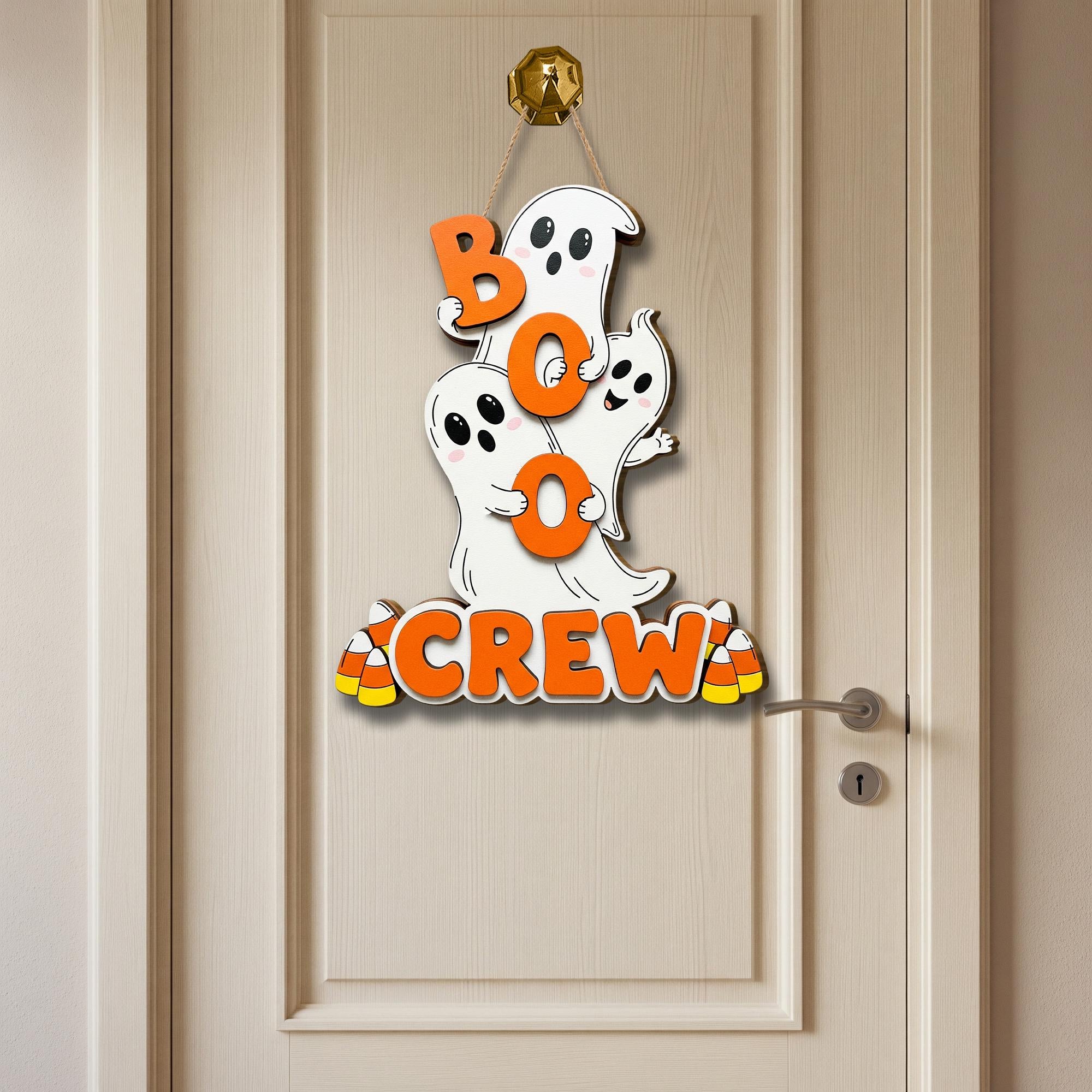 Boo Crew Sign, Cute Ghost Halloween Decor, Kids Front Door Hanger, 3D Halloween Welcome Sign, Candy Corn Ghost Door Wreath