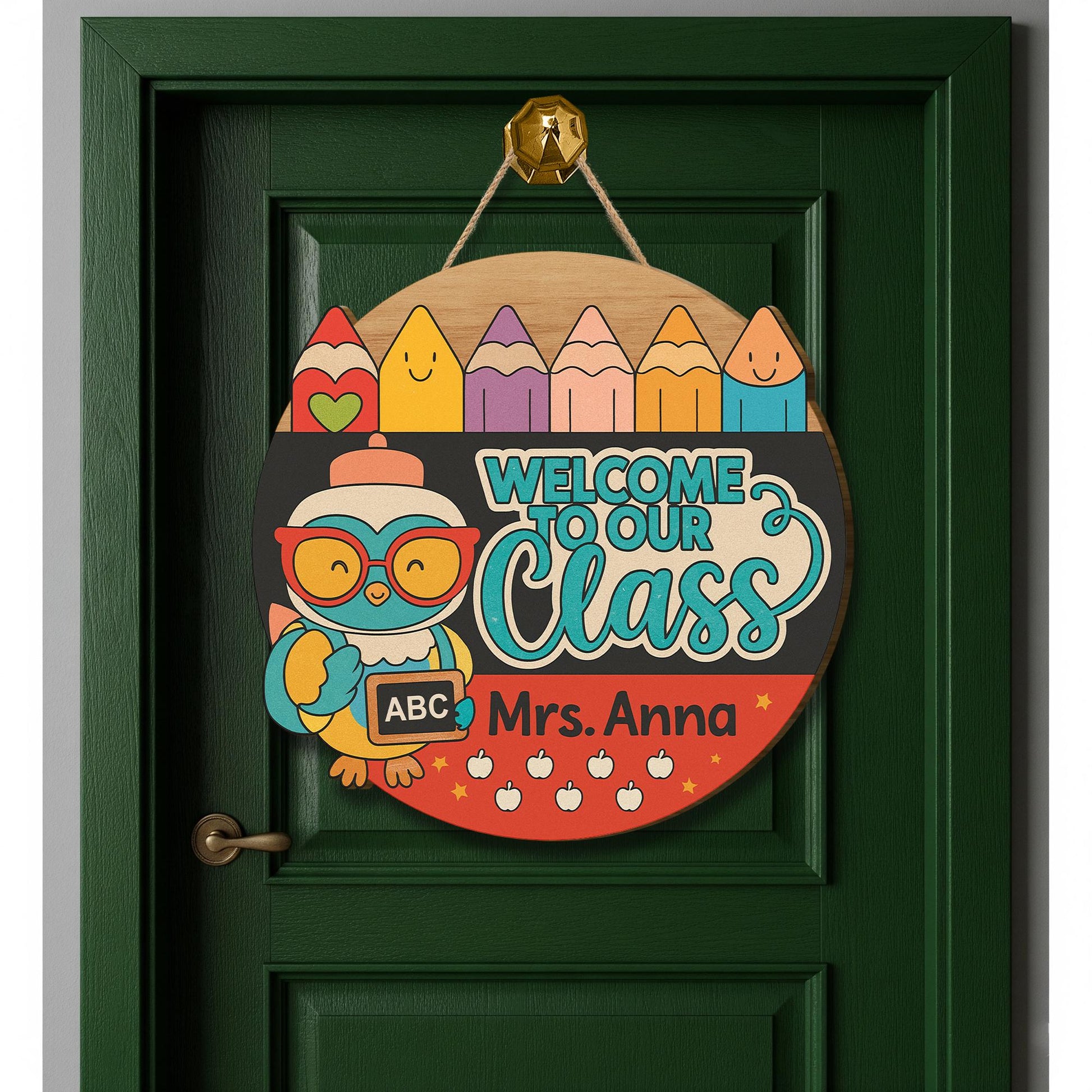 Welcome to Our Class Door Hanger, Personalized Teacher Sign, Owl Pencil Classroom Decor, Custom Back to School Door Sign