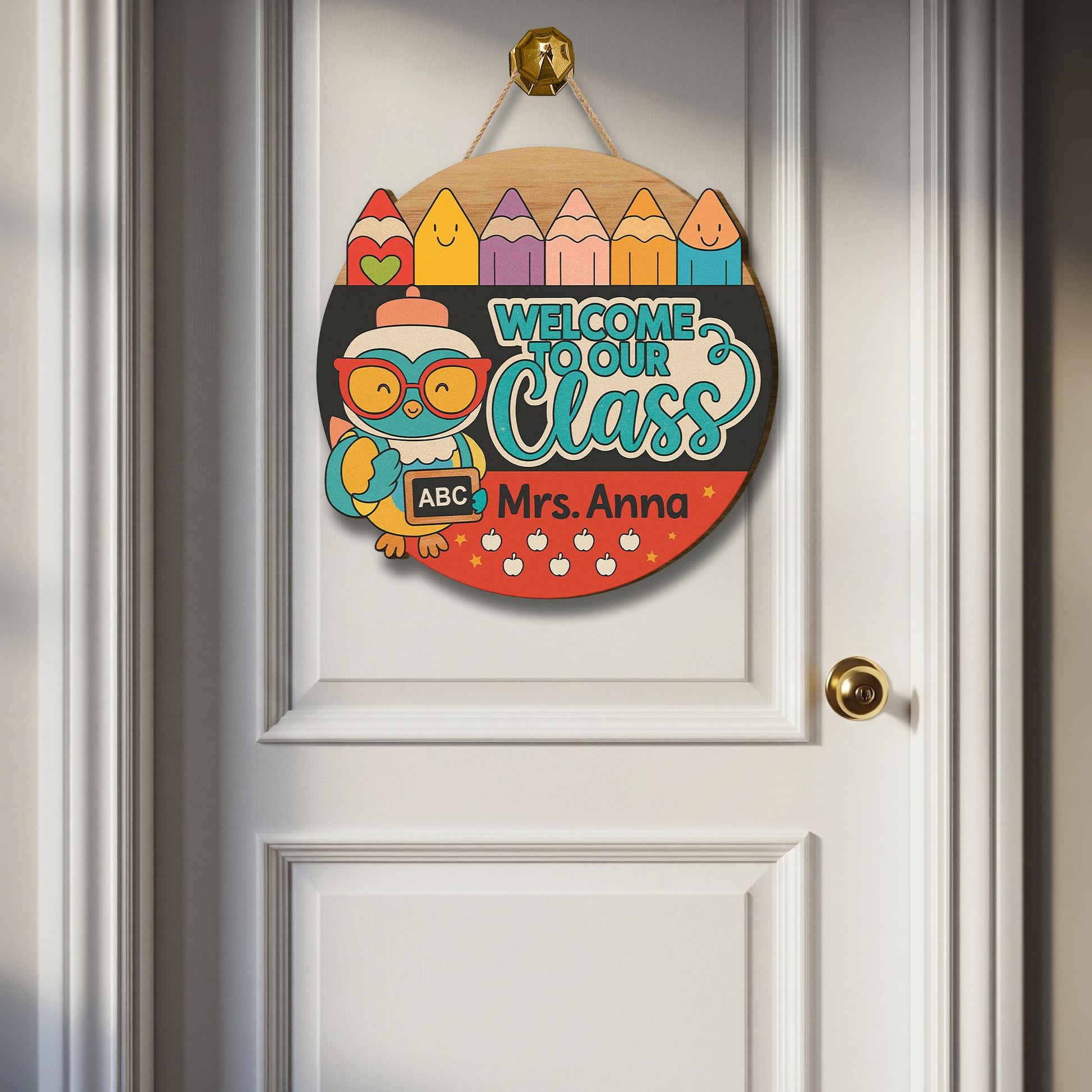 Welcome to Our Class Door Hanger, Personalized Teacher Sign, Owl Pencil Classroom Decor, Custom Back to School Door Sign