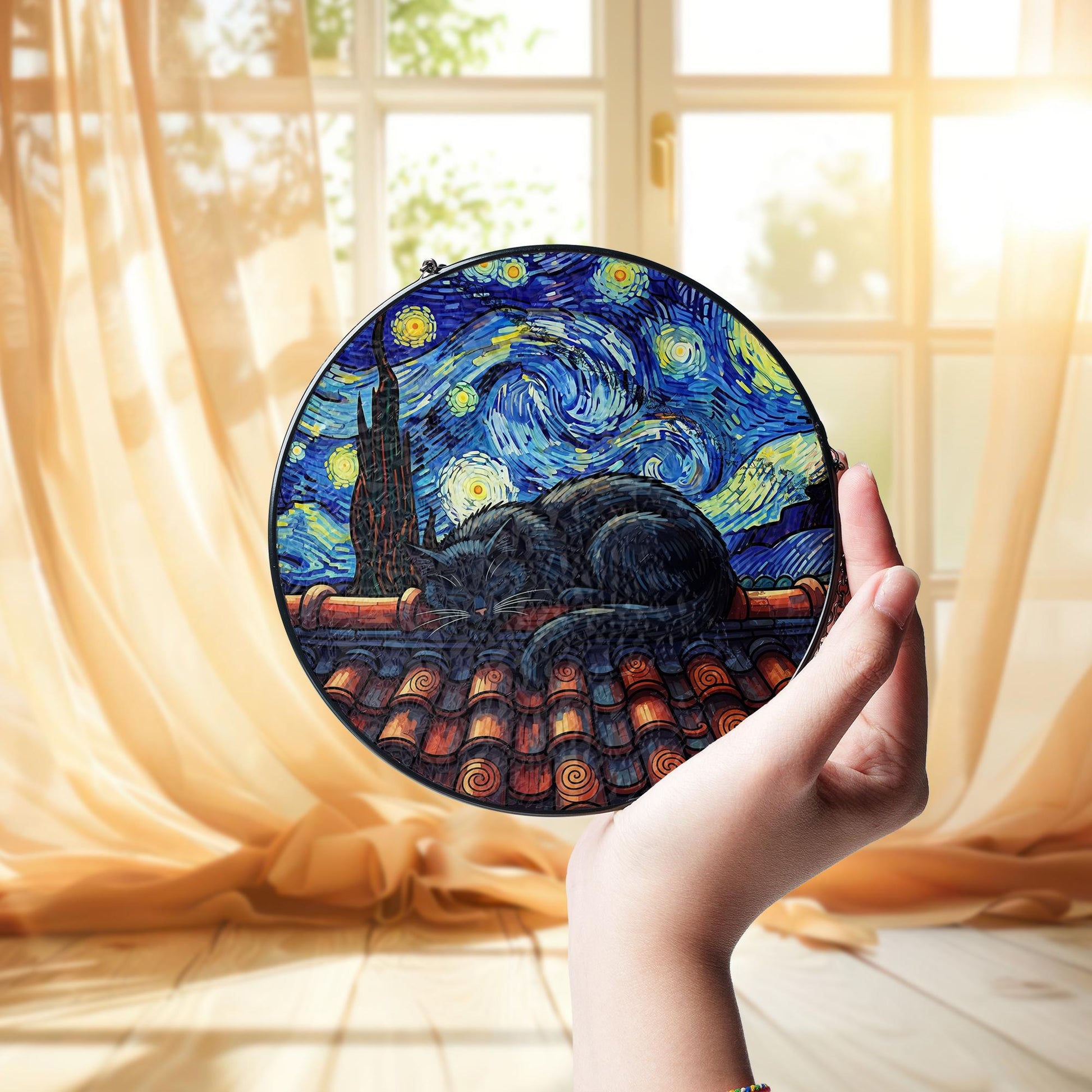 Starry Night Cat Suncatcher Faux Glass Art, Black Cat Window Hanging, Celestial Rooftop Decor, Gift for Cat Lovers and Art Fans