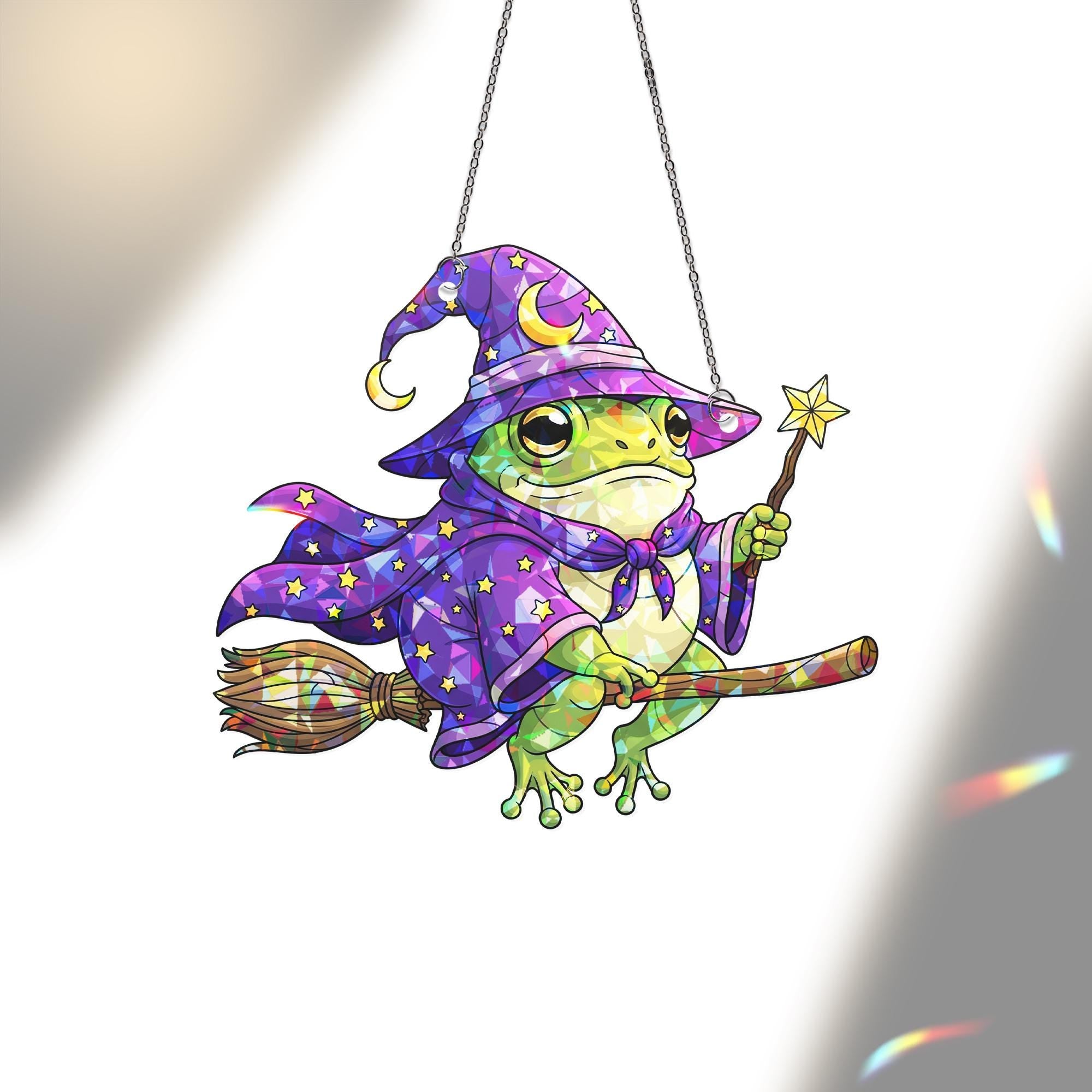 Witch Frog Suncatcher, Stained Glass Effect Wizard Toad Window Hanging, Whimsical Magic Animal Art, Halloween Car Charm Gift