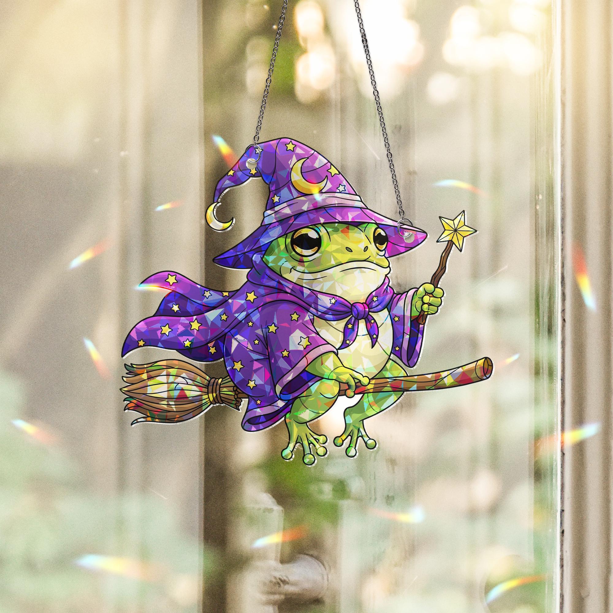Witch Frog Suncatcher, Stained Glass Effect Wizard Toad Window Hanging, Whimsical Magic Animal Art, Halloween Car Charm Gift