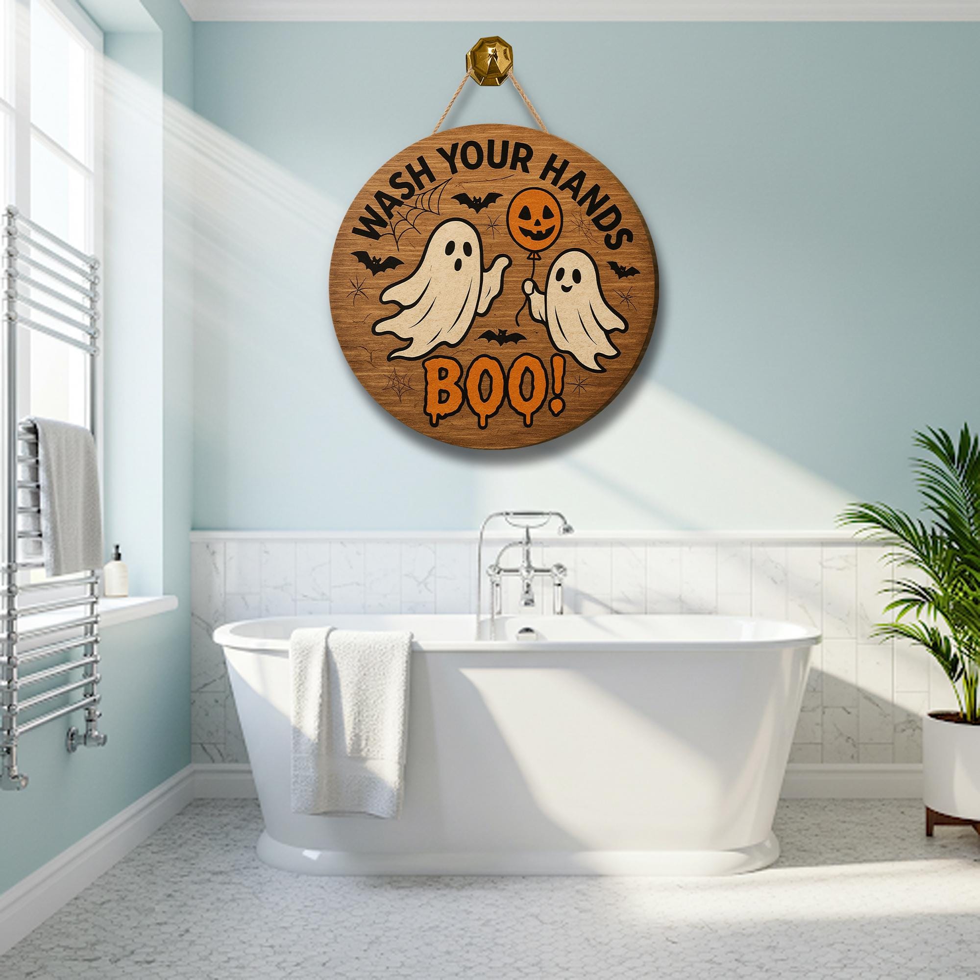 Wash Your Hands Boo Sign, Funny Halloween Bathroom Wood Decor, Ghost Hand Washing Sign, Spooky Wall Hanging, Halloween Door Plaque